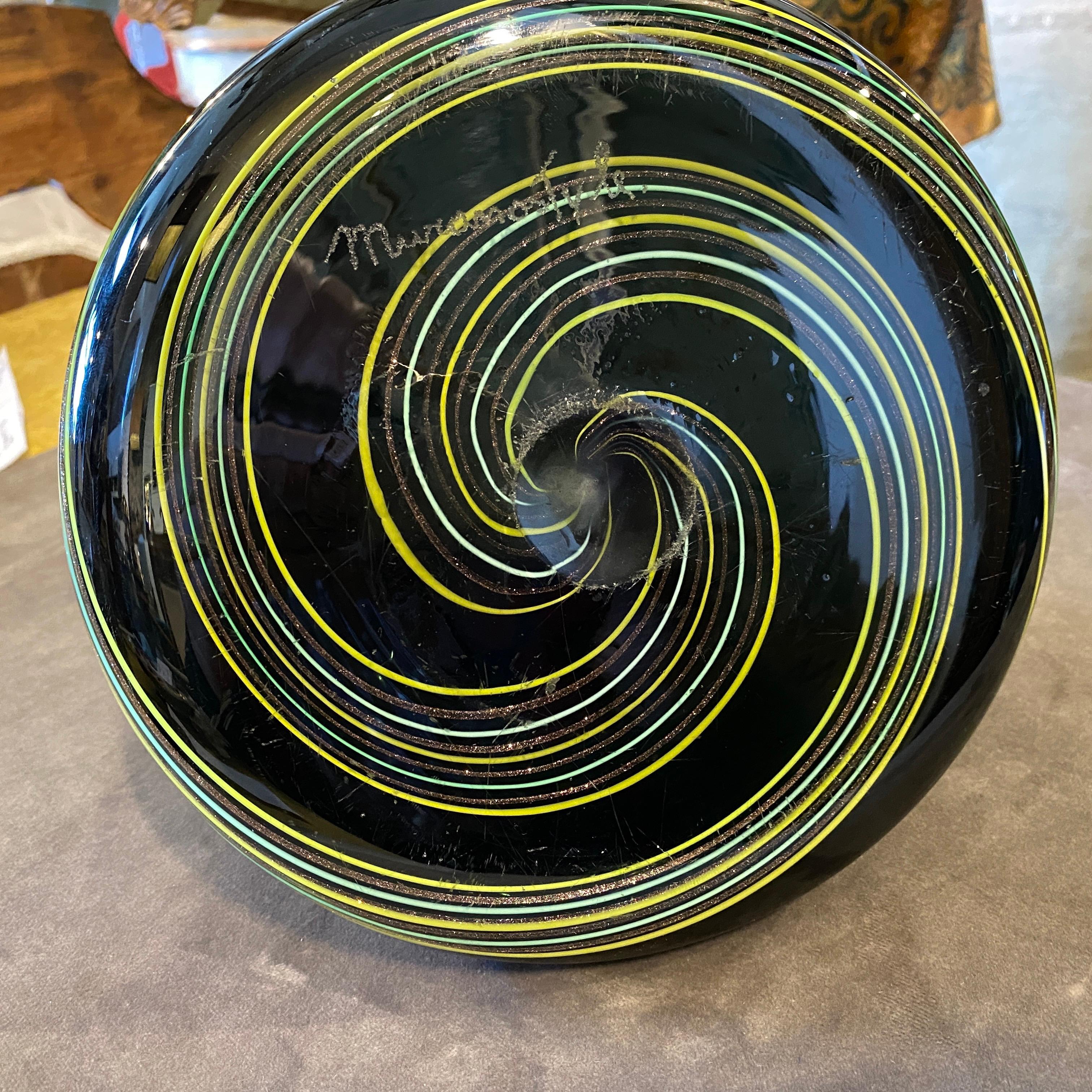 1980s Modernist Black Green and Yellow Striped Murano Glass Vase For Sale 1