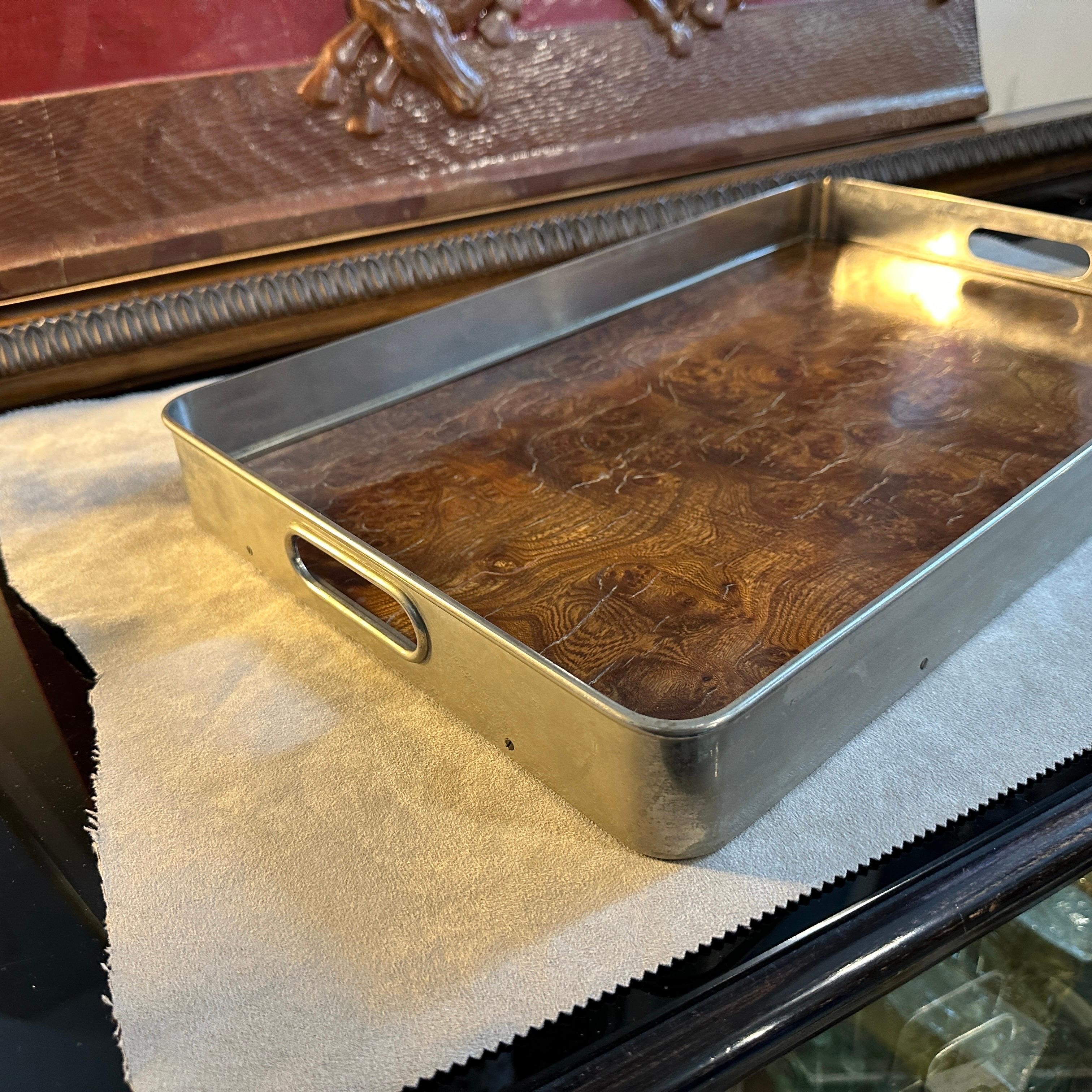 1980s Modernist Thuya Briar and Silver Plated Italian Gallery Serving Tray For Sale 6