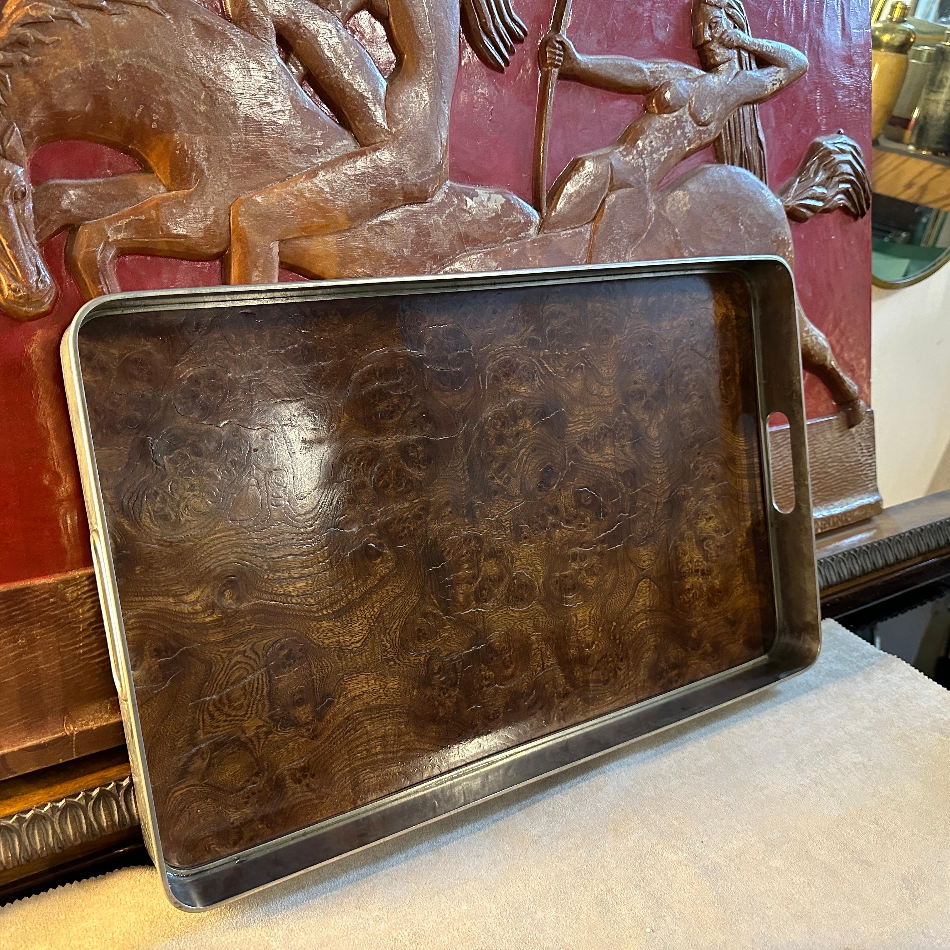 20th Century 1980s Modernist Thuya Briar and Silver Plated Italian Gallery Serving Tray For Sale