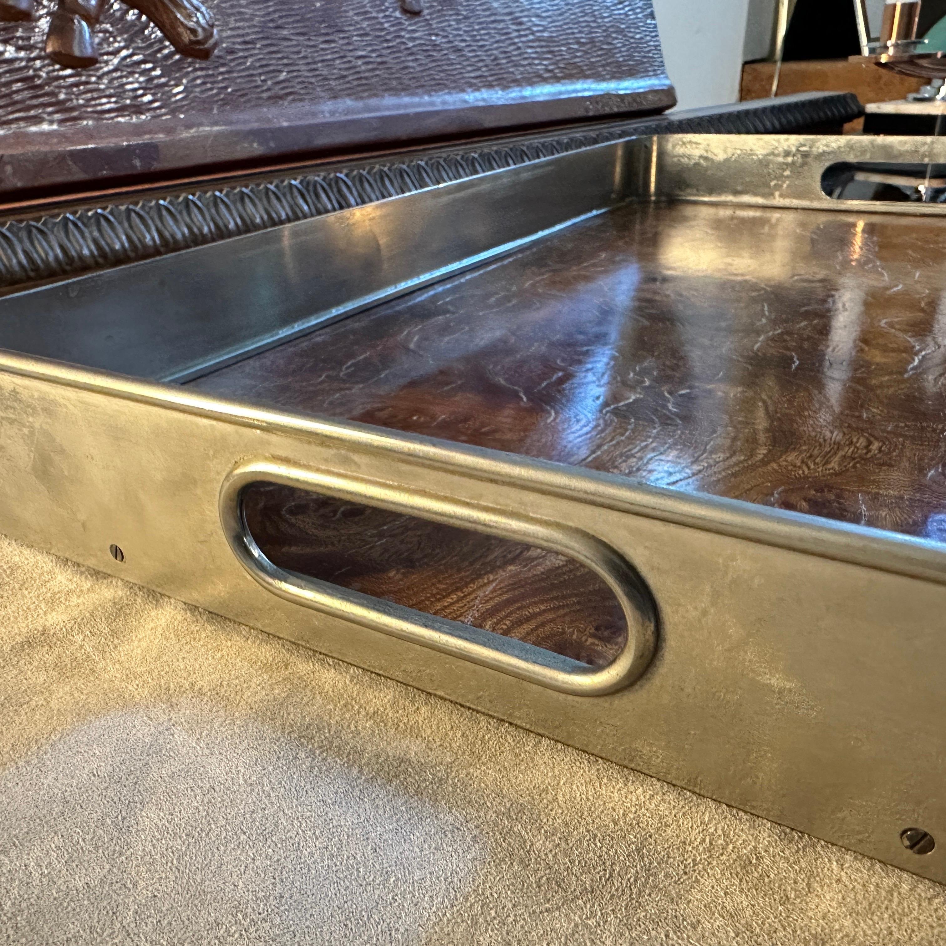 1980s Modernist Thuya Briar and Silver Plated Italian Gallery Serving Tray For Sale 1