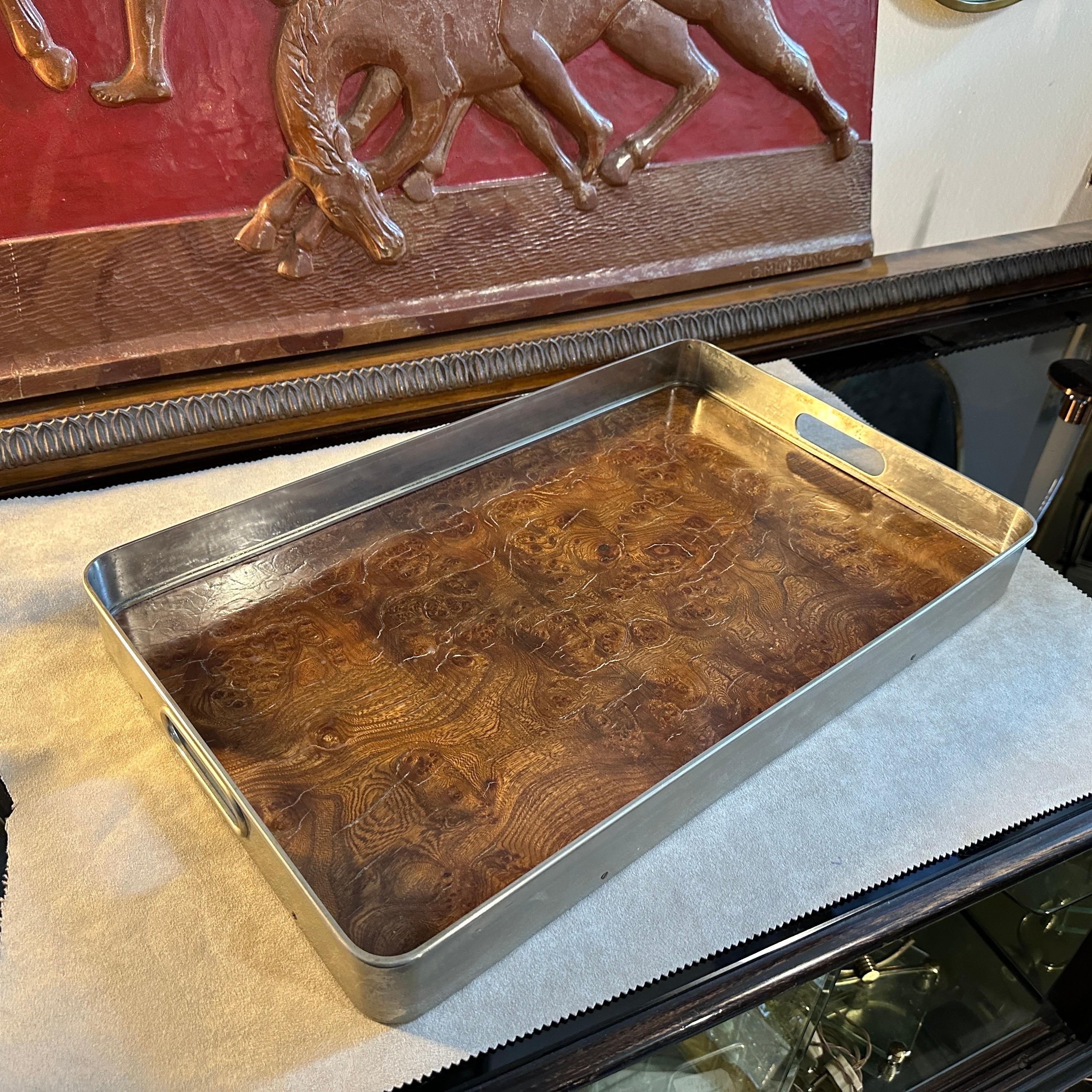 1980s Modernist Thuya Briar and Silver Plated Italian Gallery Serving Tray For Sale 5
