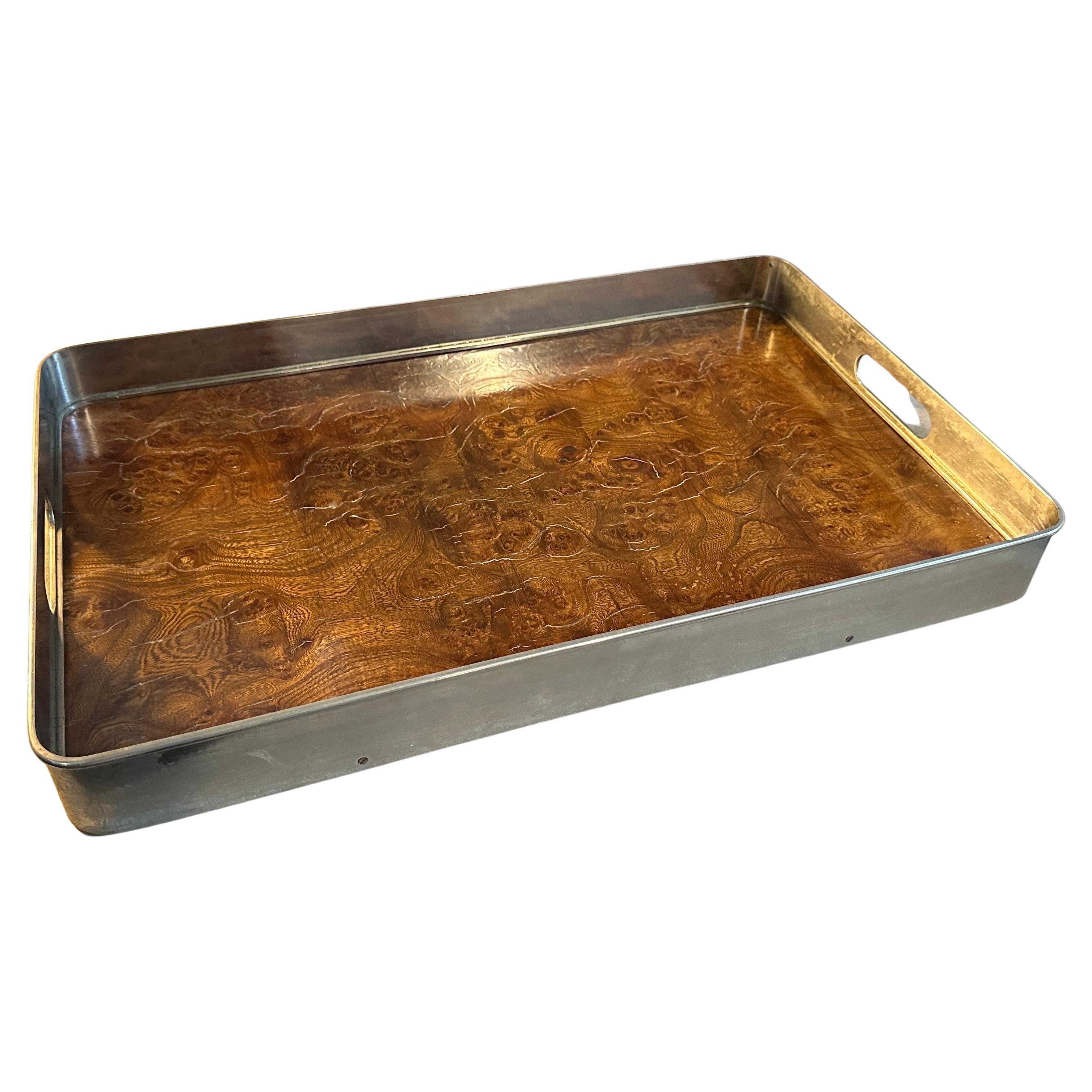 1980s Modernist Thuya Briar and Silver Plated Italian Gallery Serving Tray For Sale