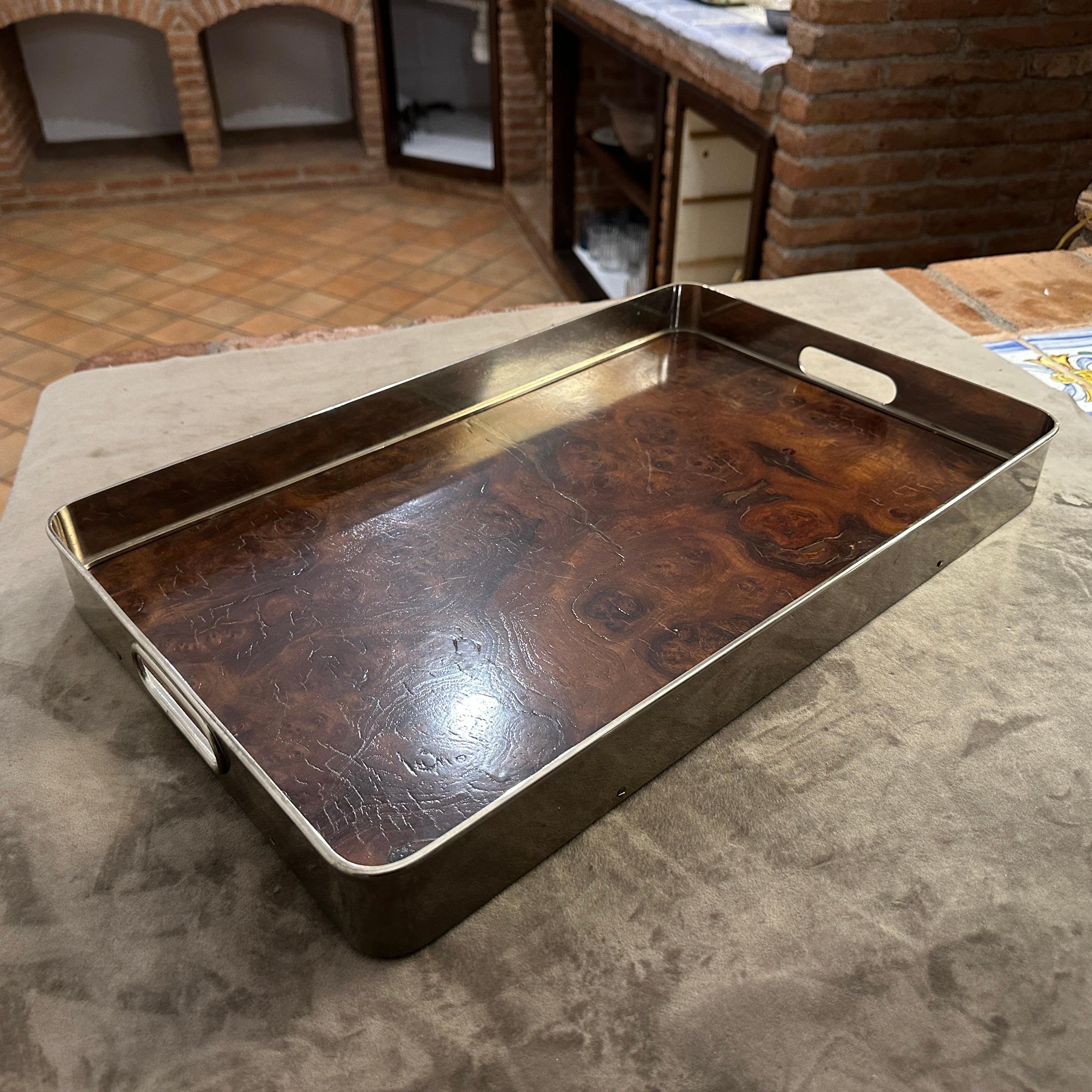 1980s Modernist Thuya Wood and Silver Plated Italian Gallery Serving Tray 7