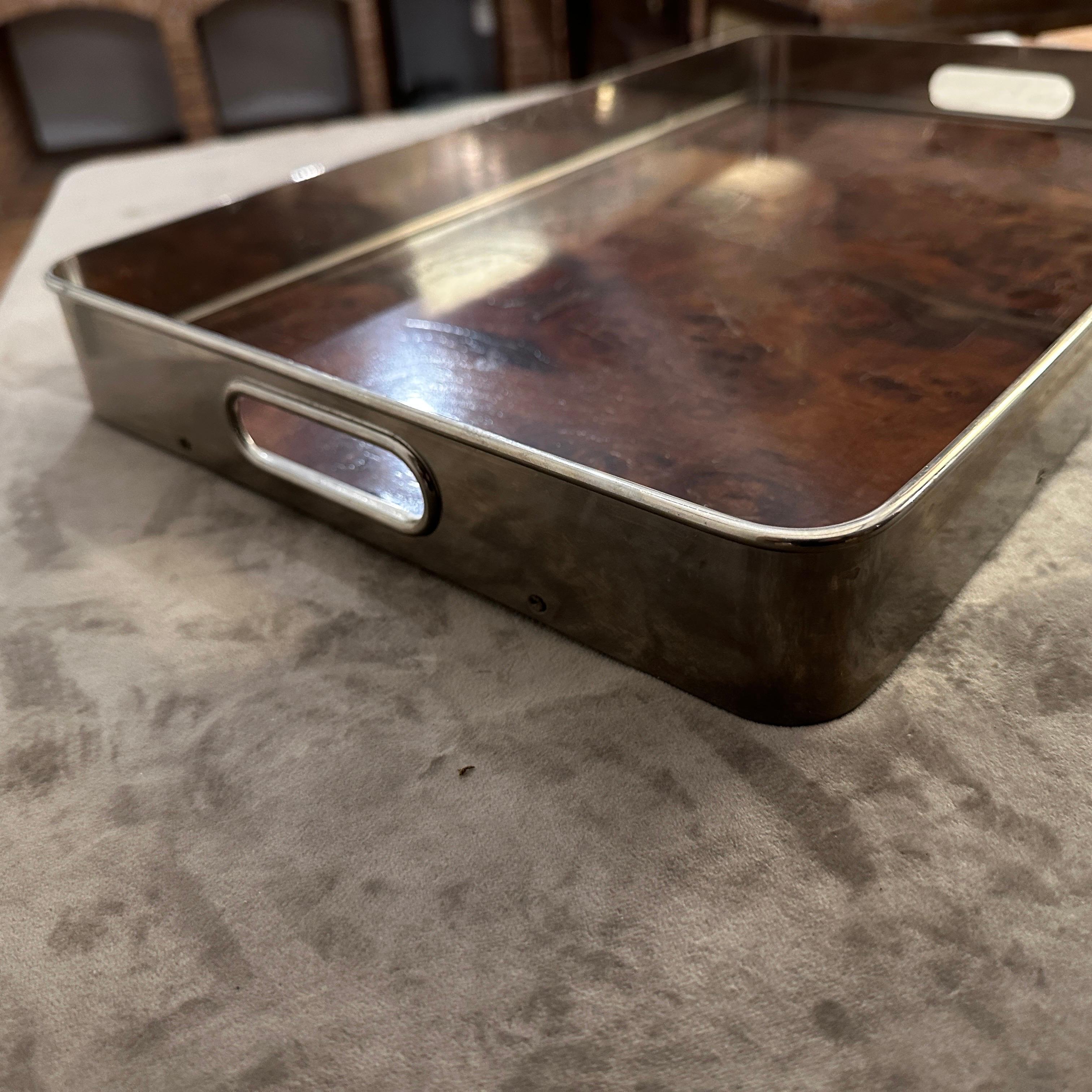 1980s Modernist Thuya Wood and Silver Plated Italian Gallery Serving Tray In Good Condition In Aci Castello, IT