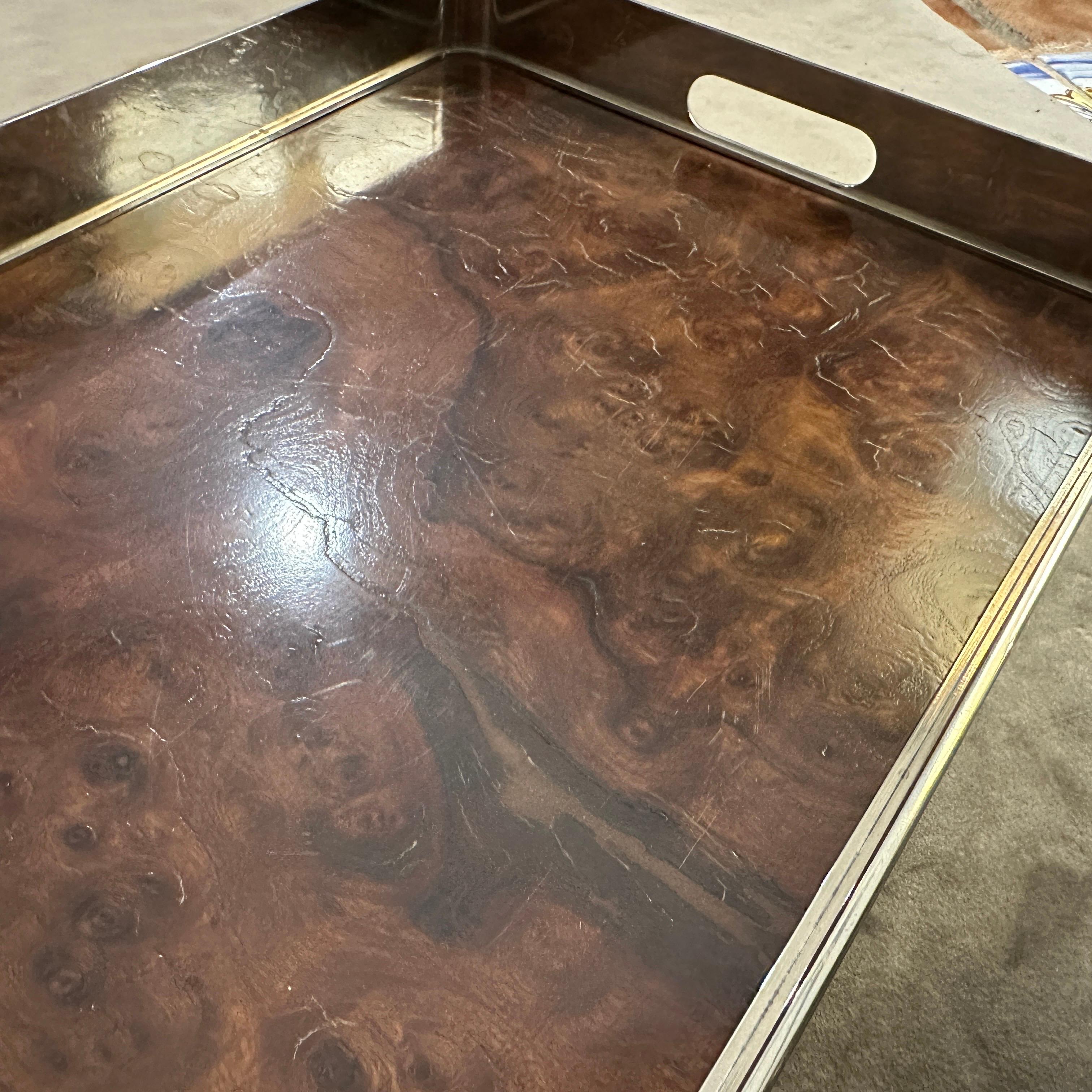 1980s Modernist Thuya Wood and Silver Plated Italian Gallery Serving Tray 1