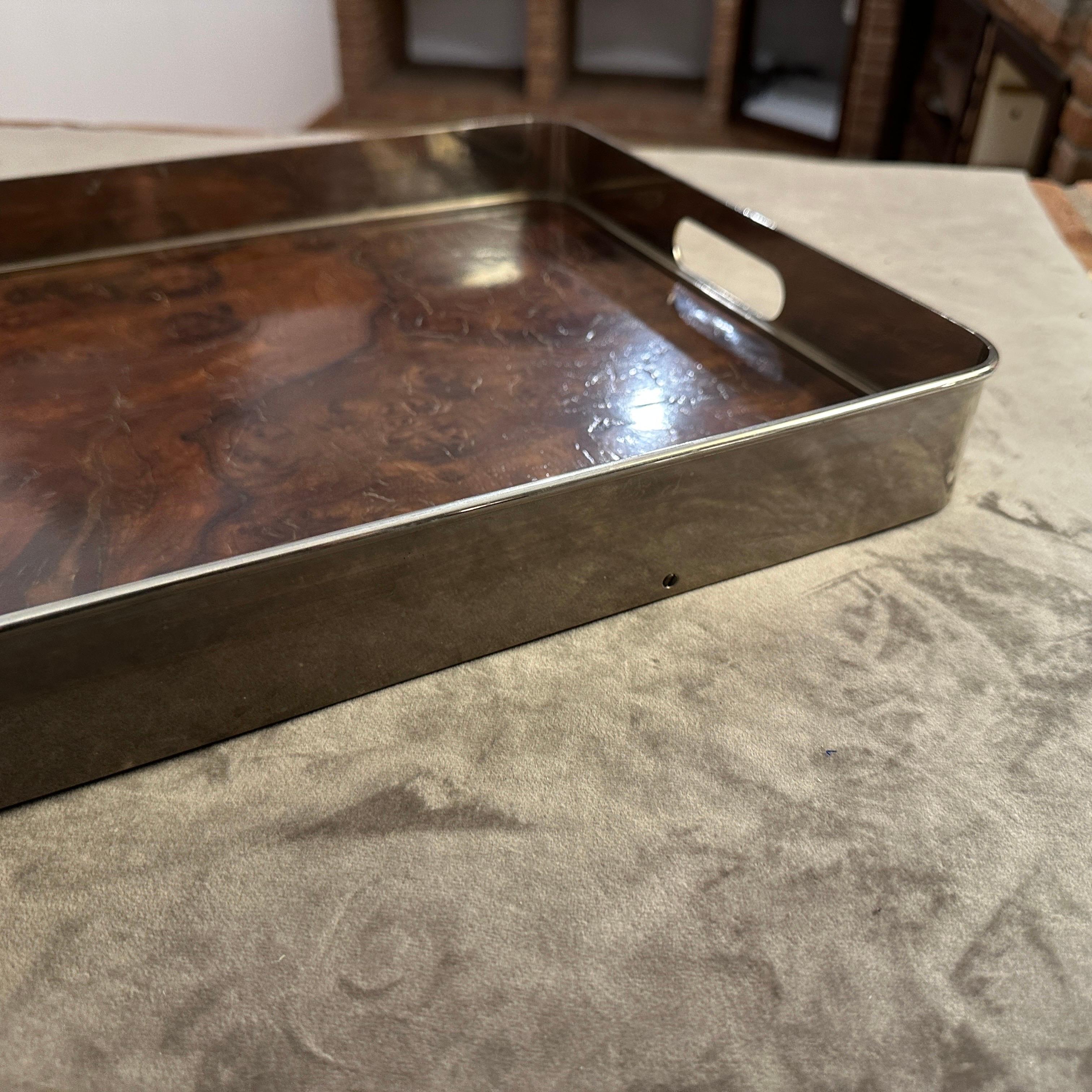 1980s Modernist Thuya Wood and Silver Plated Italian Gallery Serving Tray 3