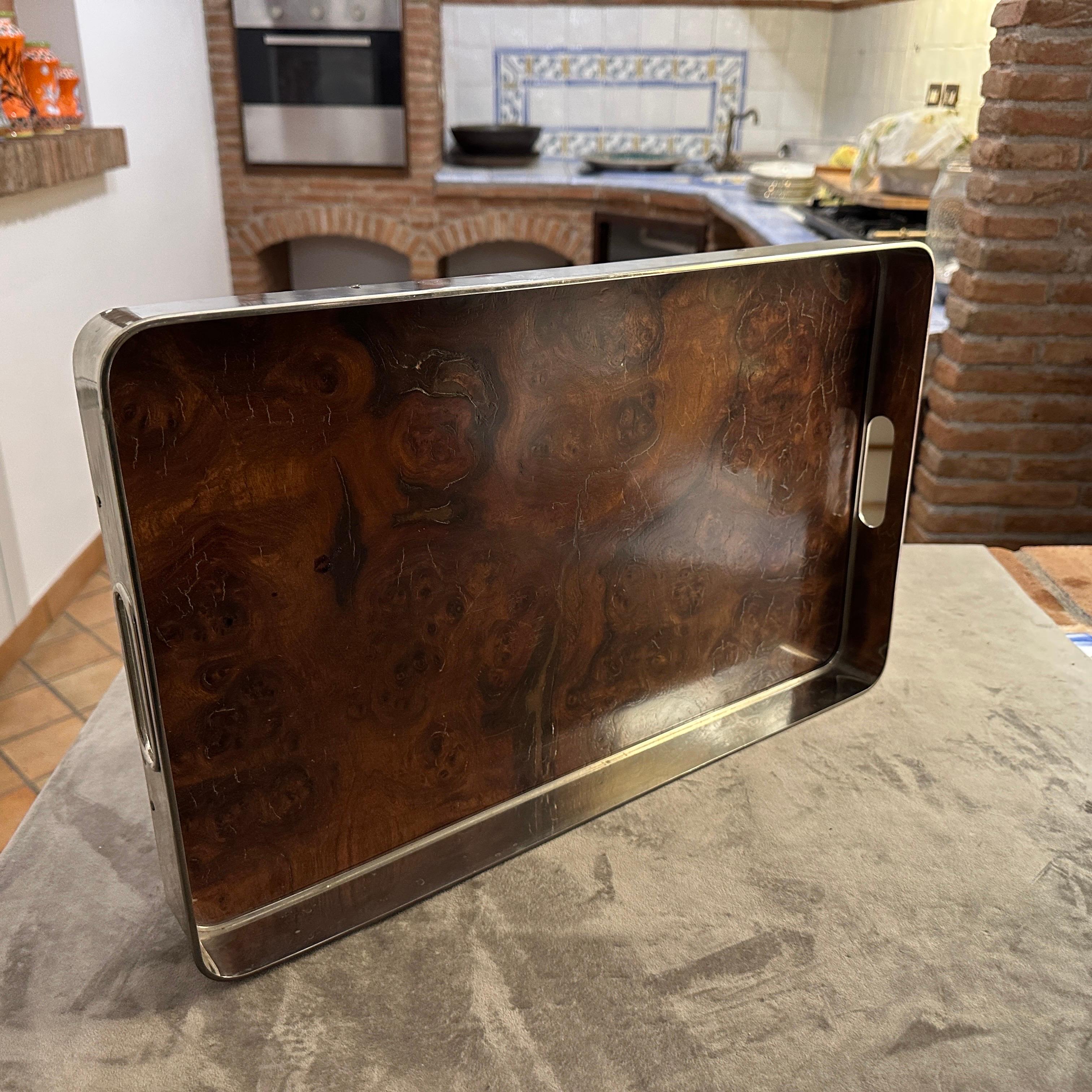 1980s Modernist Thuya Wood and Silver Plated Italian Gallery Serving Tray 4
