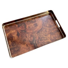 1980s Modernist Thuya Wood and Silver Plated Italian Gallery Serving Tray