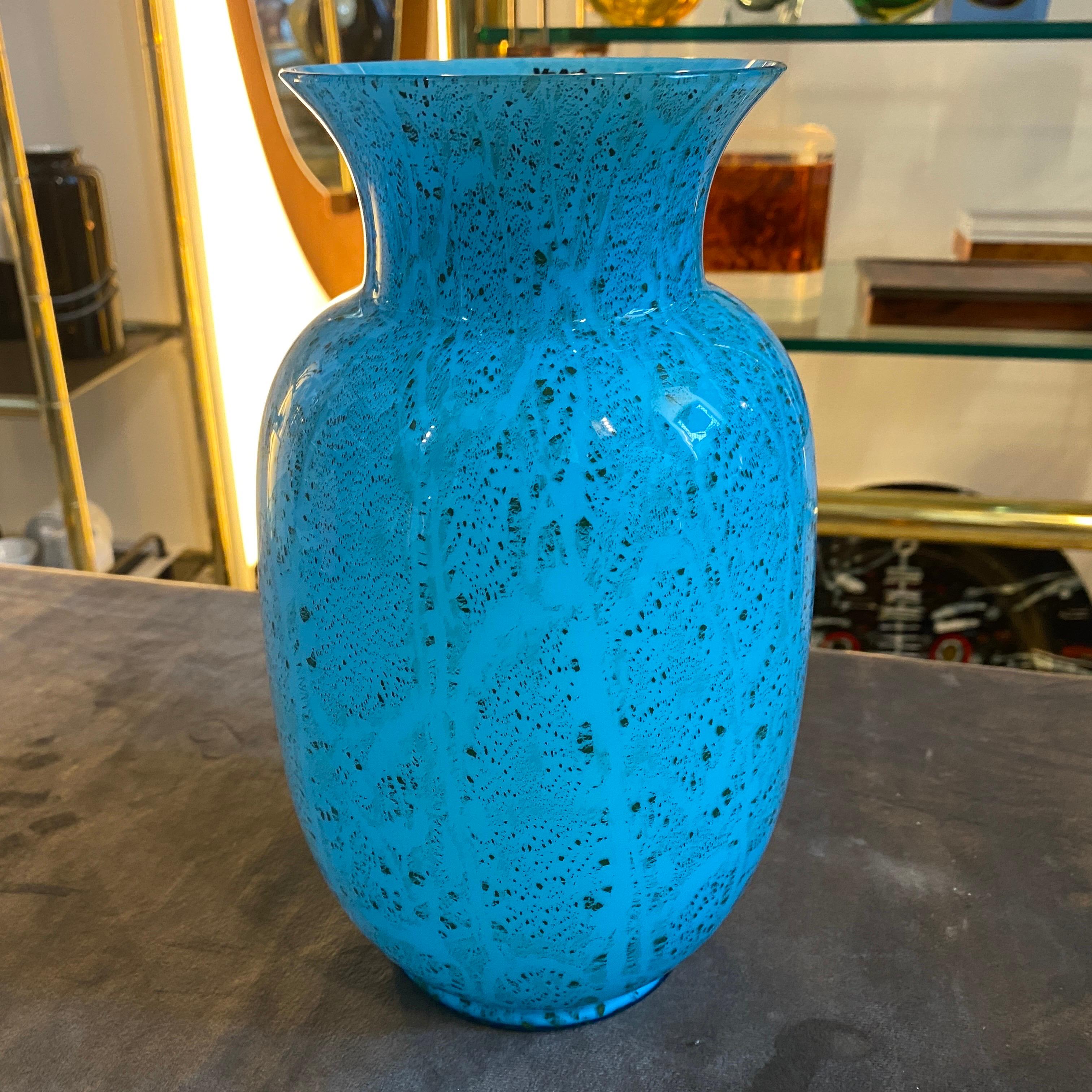 Hand-Crafted 1980s Modernist Turquoise and Black Murano Glass Vase by VeArt For Sale