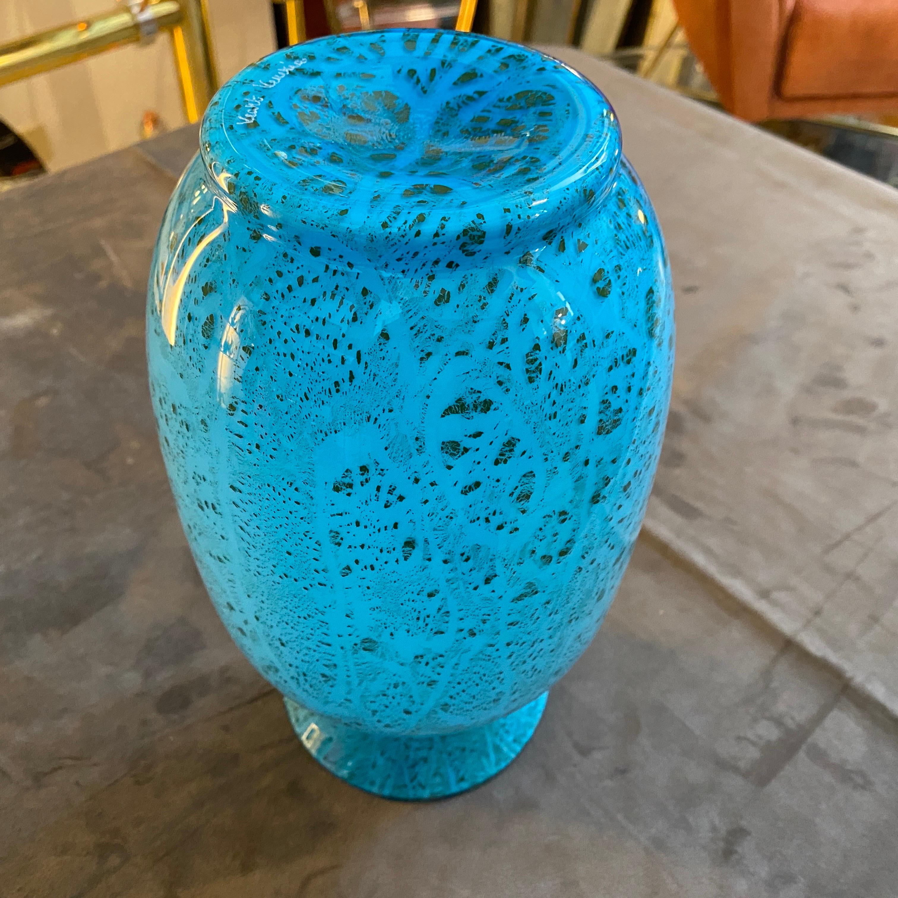 1980s Modernist Turquoise and Black Murano Glass Vase by VeArt In Excellent Condition For Sale In Aci Castello, IT