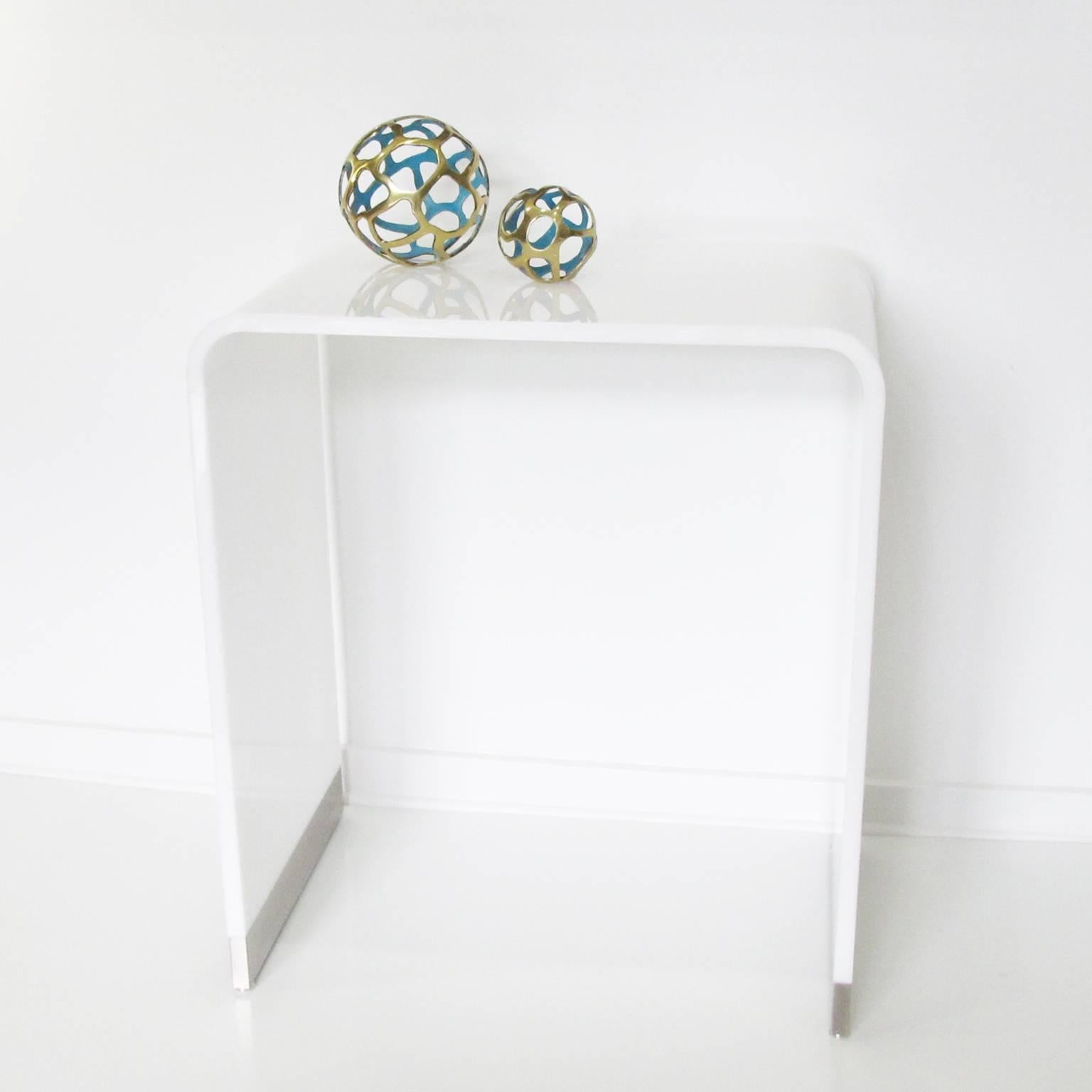 Stunning minimalist Acrylic or Lucite console table. Extra thick pure white acrylic slab (0.82 in. thick) in waterfall shape with bull-nose edges, compliment with brushed stainless steel trim base. Very soft appearance, perfect for an entryway,