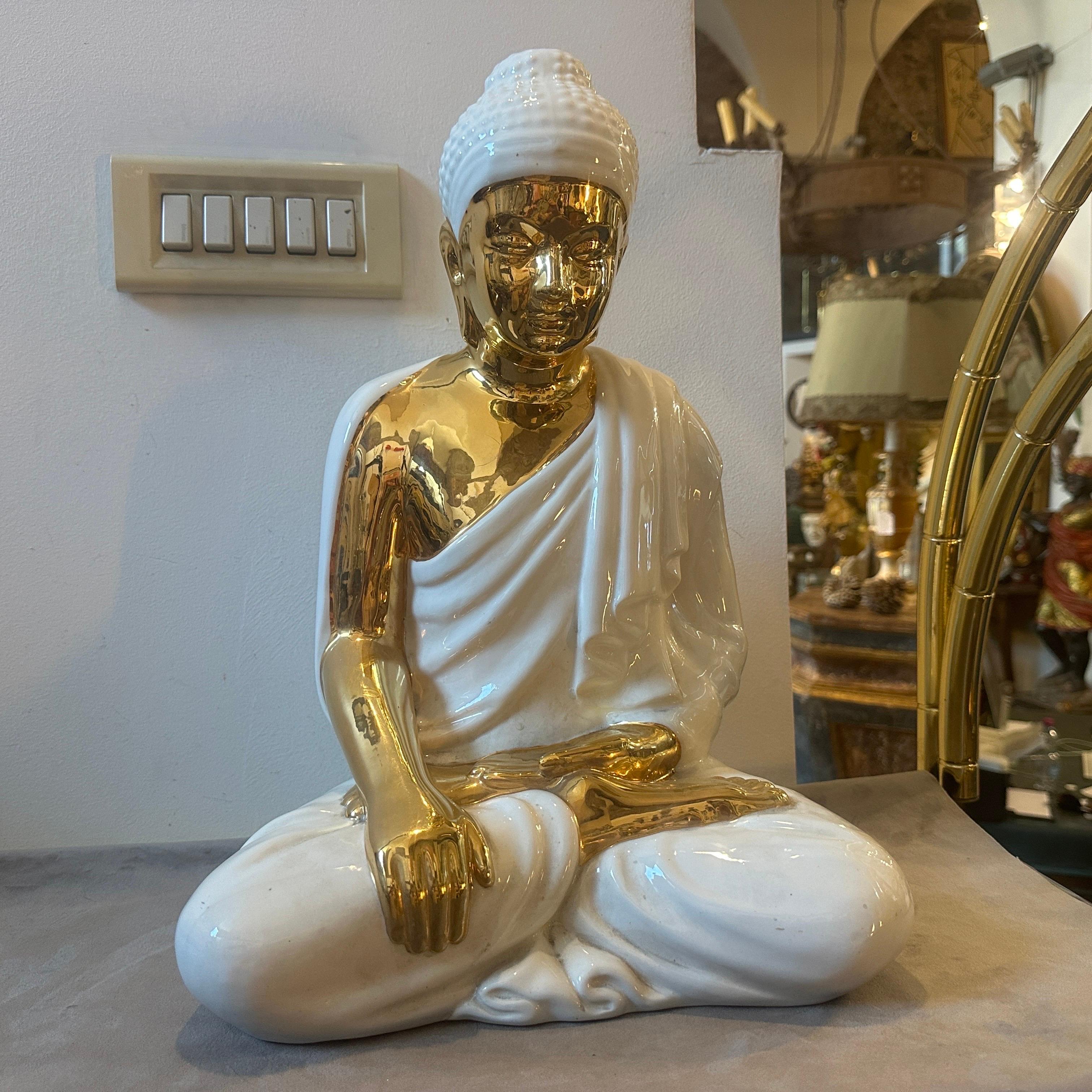 1980s Modernist White and Gold Porcelain Buddha Statue by Tommaso Barbi 5