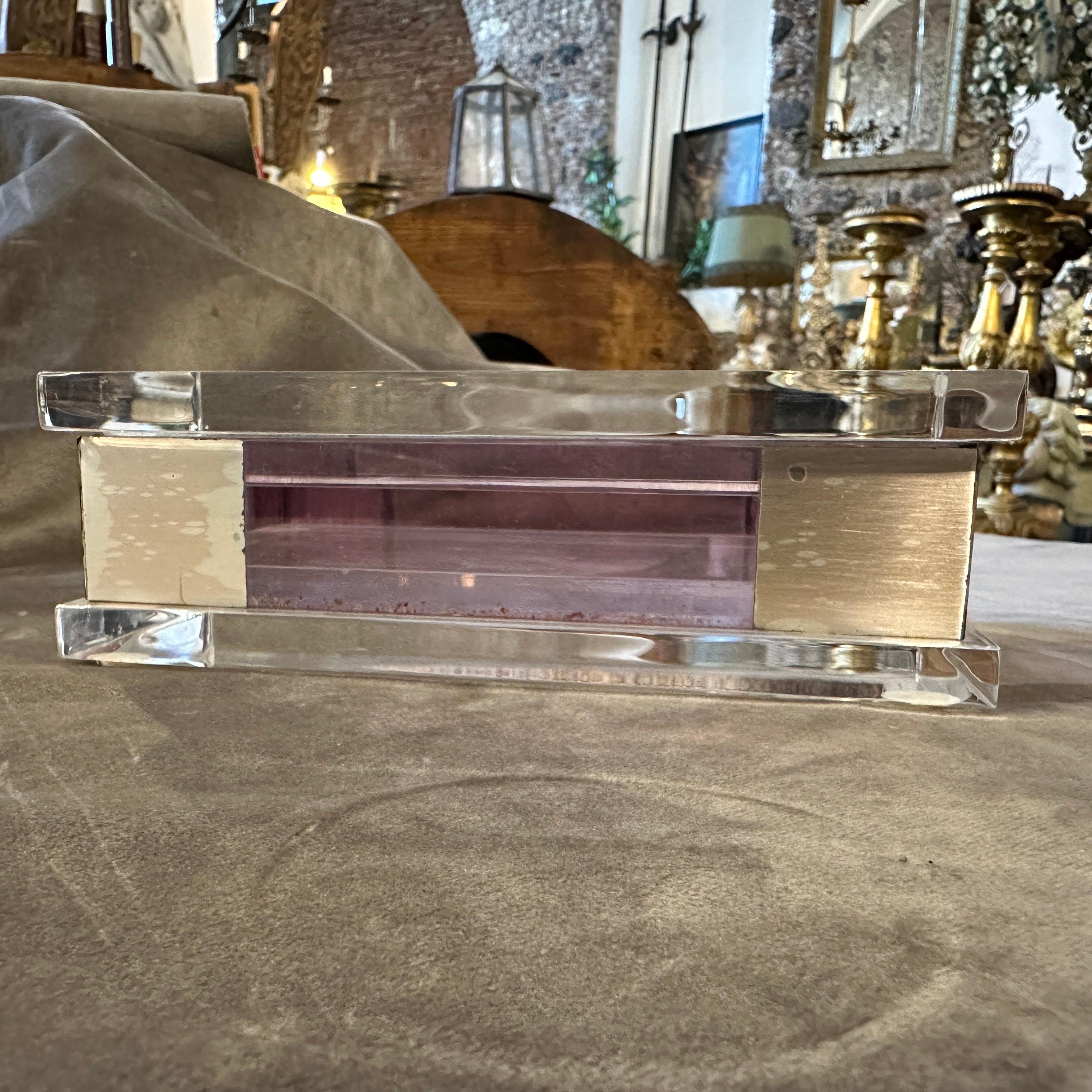 1980s Modernist White and Pink Lucite and Silver Italian Rectangular Vanity Box For Sale 1