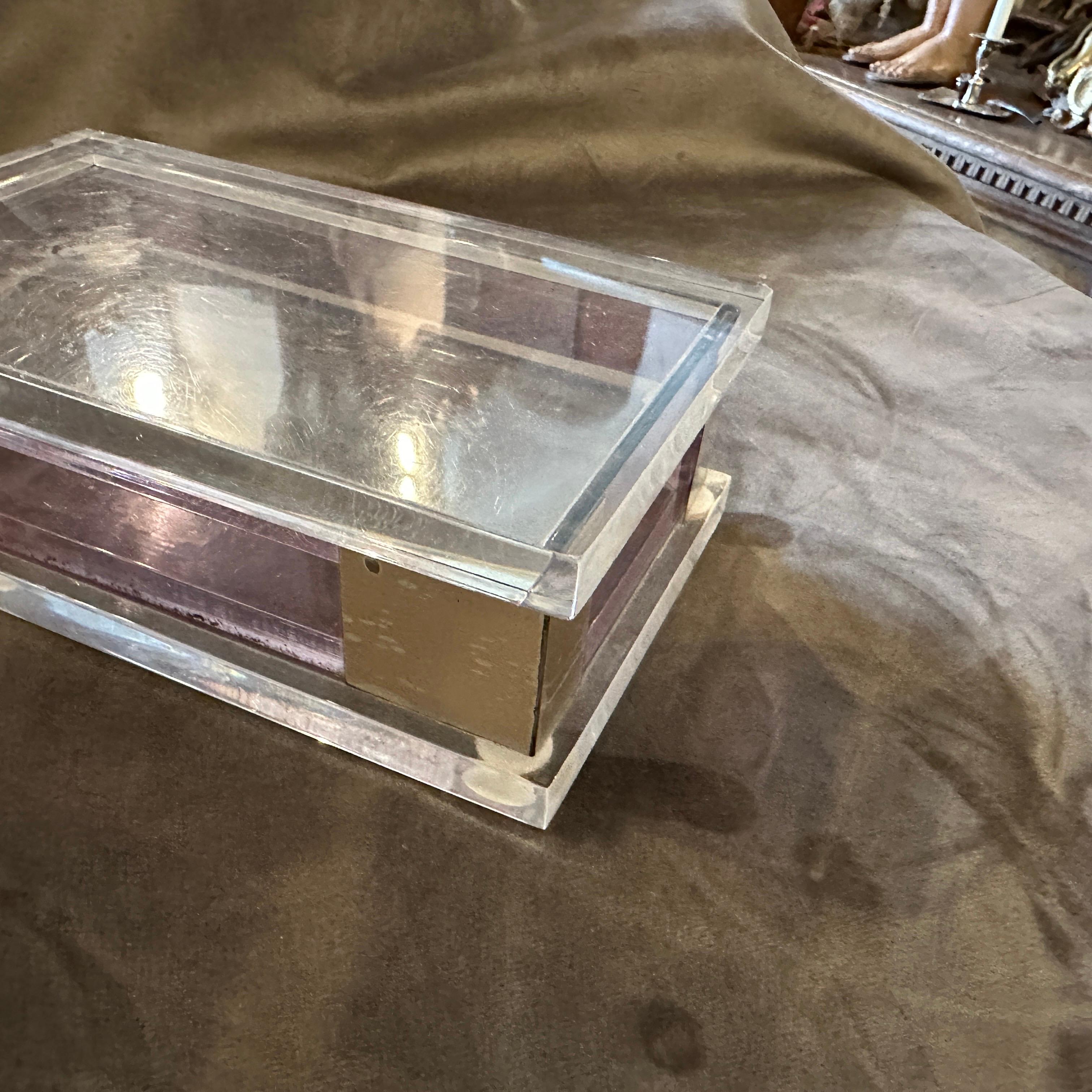 1980s Modernist White and Pink Lucite and Silver Italian Rectangular Vanity Box For Sale 5