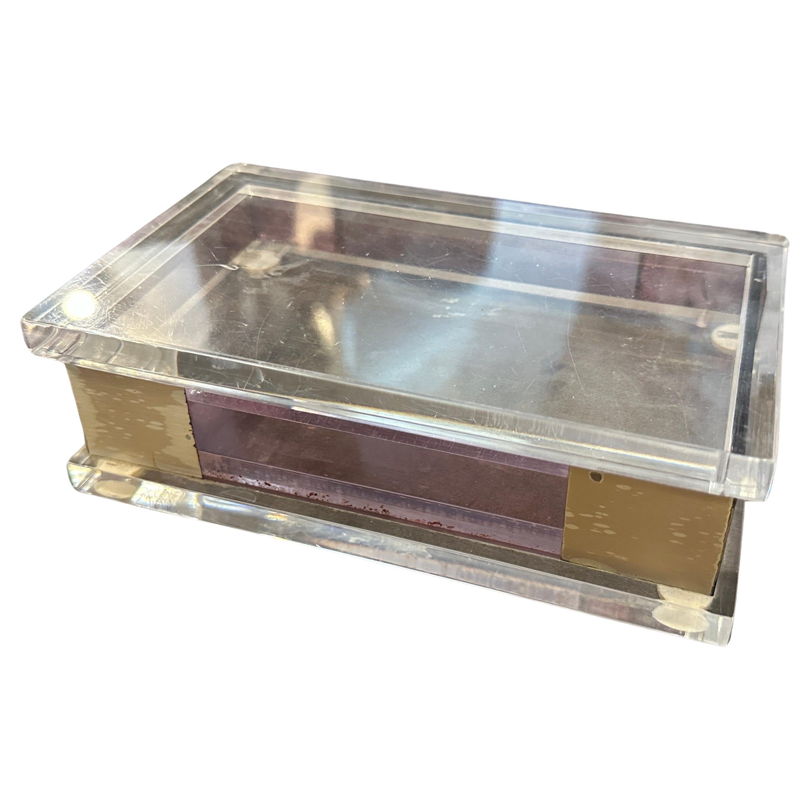 1980s Modernist White and Pink Lucite and Silver Italian Rectangular Vanity Box For Sale