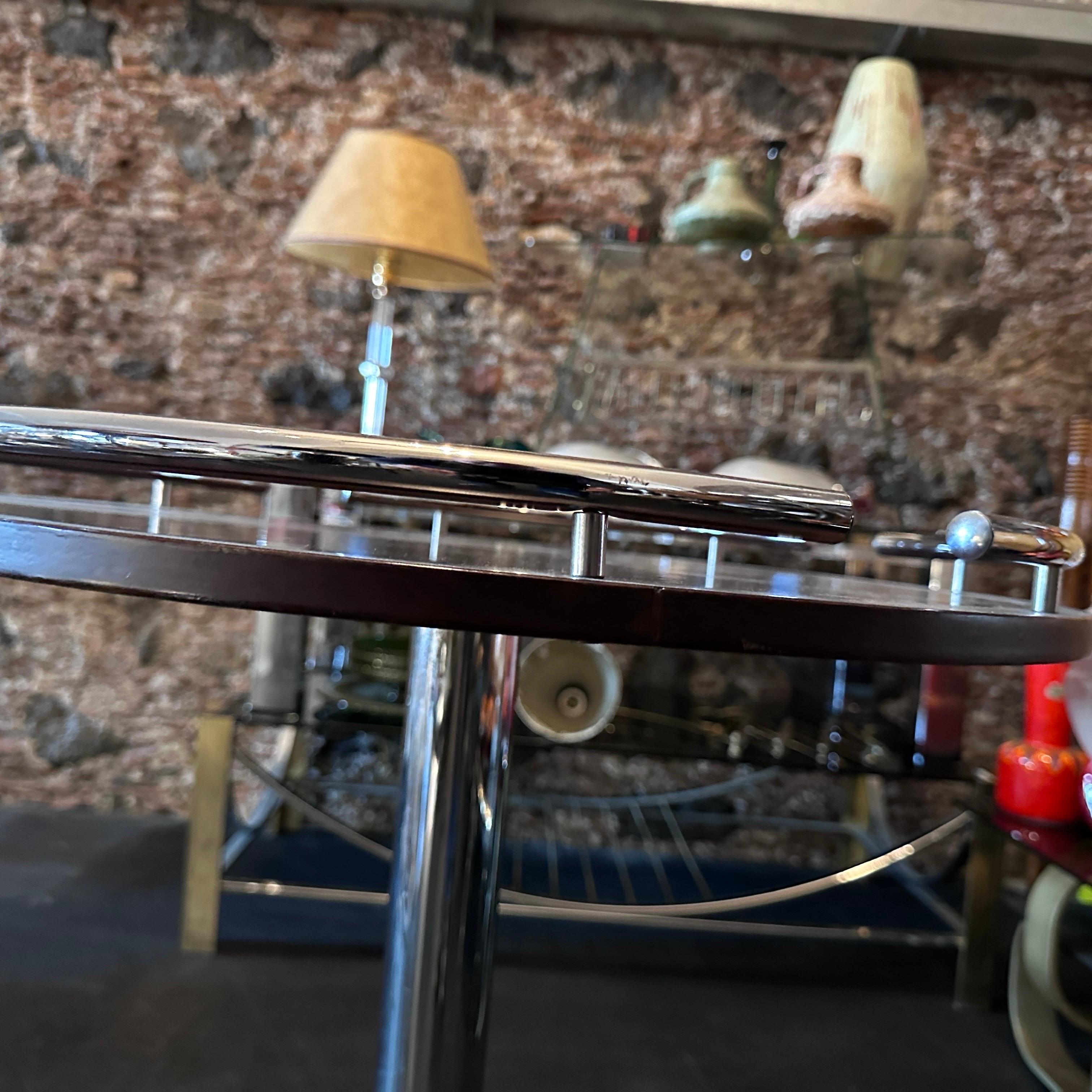 Steel 1980s Modernist Wood and Chromed Metal Italian Round Bar Cart For Sale
