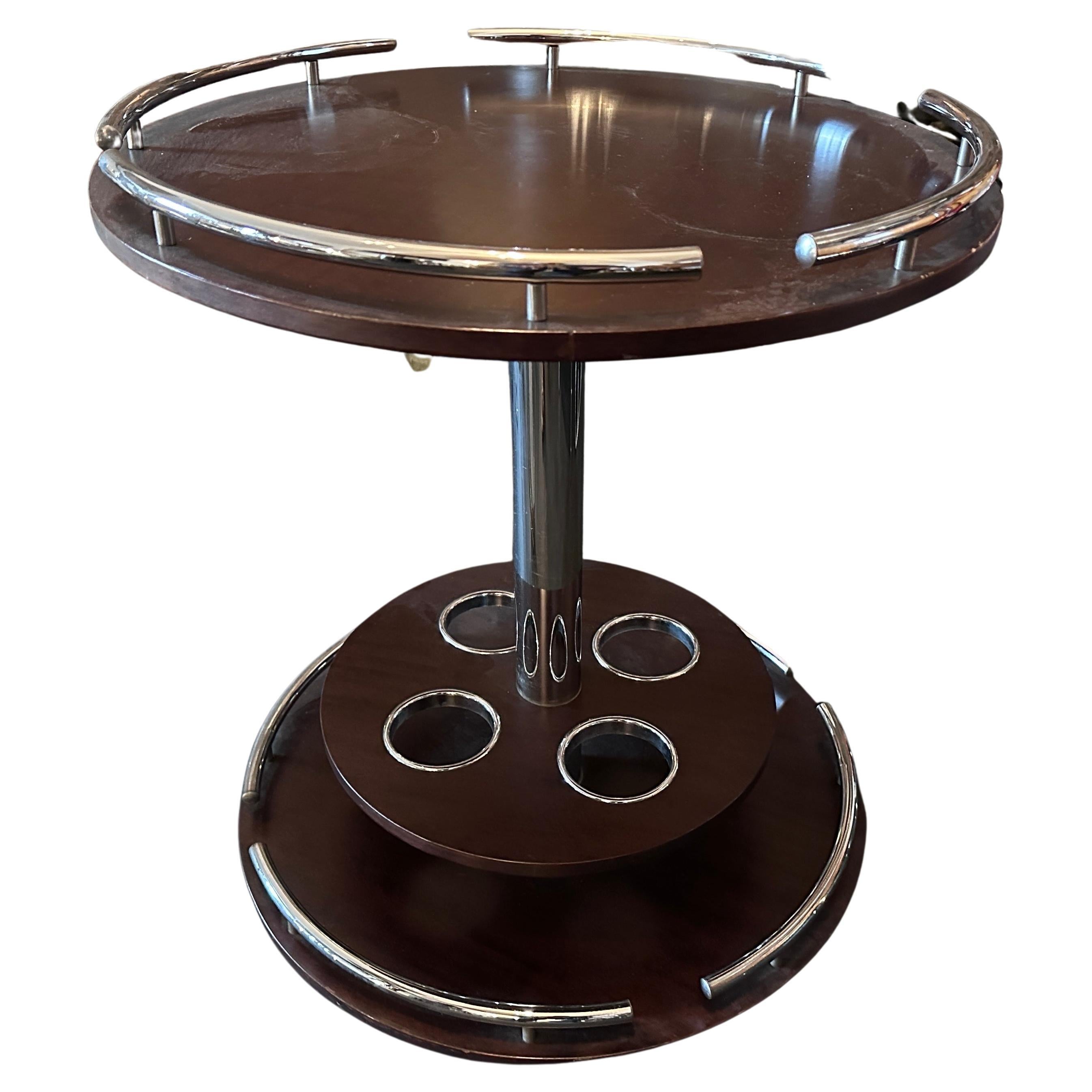 1980s Modernist Wood and Chromed Metal Italian Round Bar Cart For Sale
