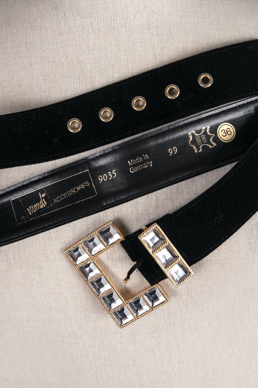 1980s MONDI Black Velvet Rhinestone Adorned Shoulder Box Bag & Waist Belt Set 5
