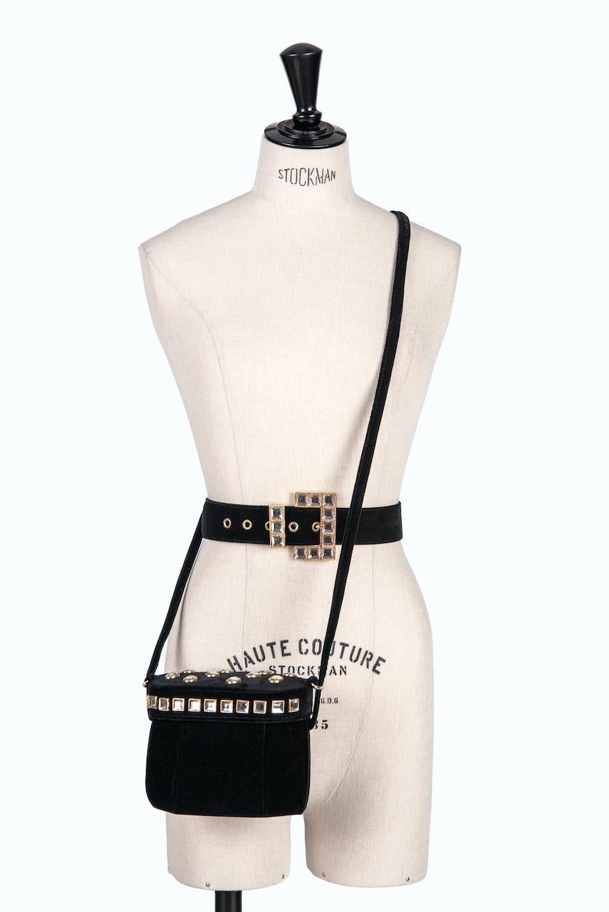 1980s MONDI Black Velvet Rhinestone Adorned Shoulder Box Bag & Waist Belt Set 6