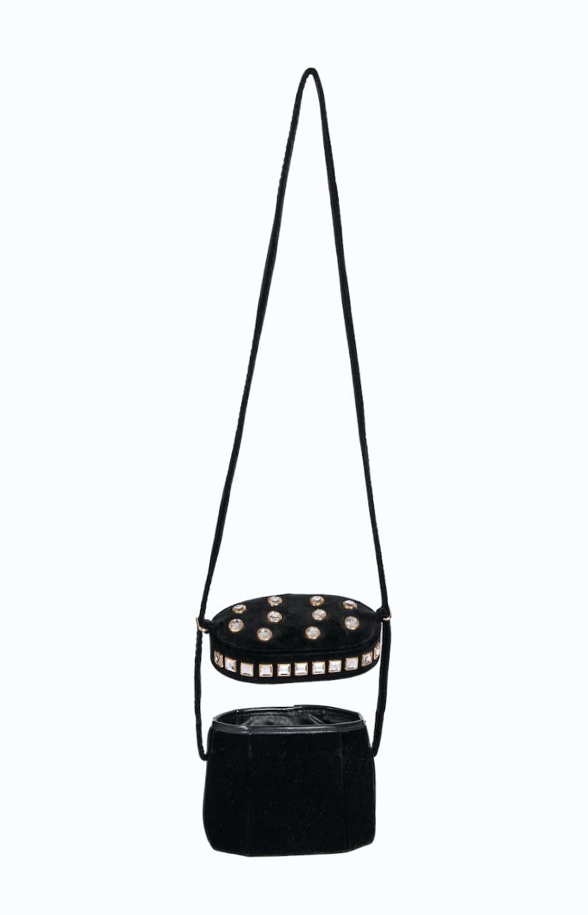 Women's or Men's 1980s MONDI Black Velvet Rhinestone Adorned Shoulder Box Bag & Waist Belt Set