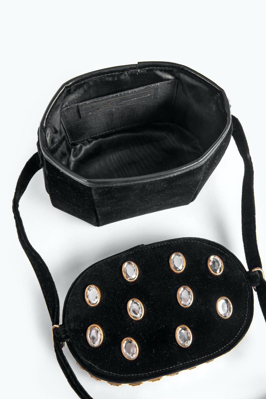 1980s MONDI Black Velvet Rhinestone Adorned Shoulder Box Bag & Waist Belt Set 1