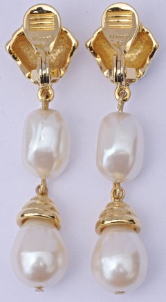 Monet Gold Tone Faux Pearl Drop Clip On Earrings, 1980s