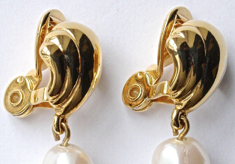 Gold Tone Faux Pearl Drop Clip On Earrings, 1980s at 1stDibs