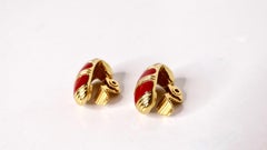 1980s Monet Red Striped Enamel 18k Yellow Gold Plated Clip-On Earrings