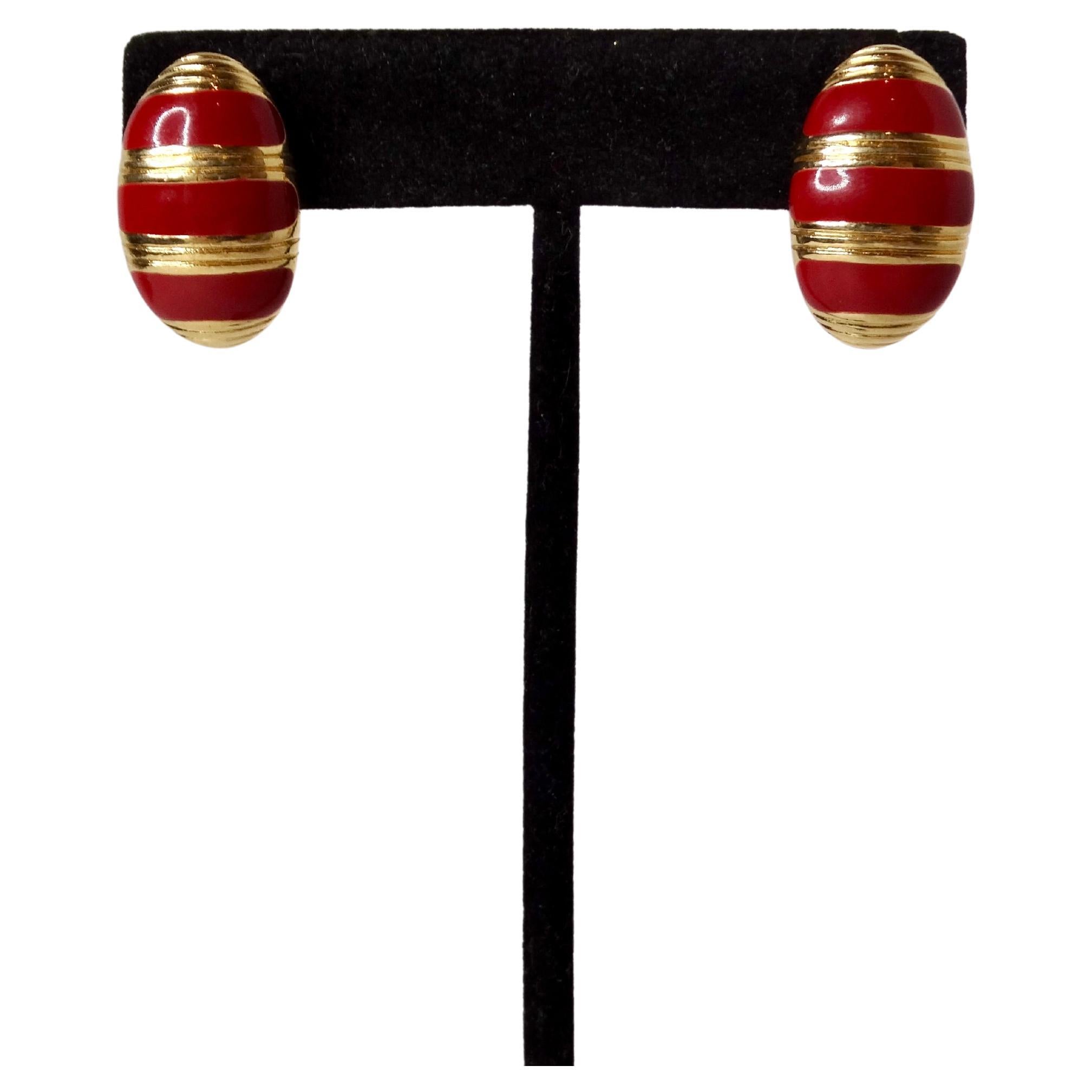 1980s Monet Red Striped Enamel 18k Yellow Gold Plated Clip-On Earrings For Sale 1