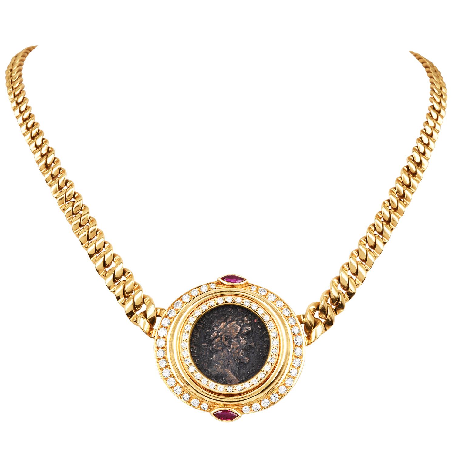 Moderno 1980's Monete 18k Gold Coin Diamond Ruby Chain Necklace in vendita