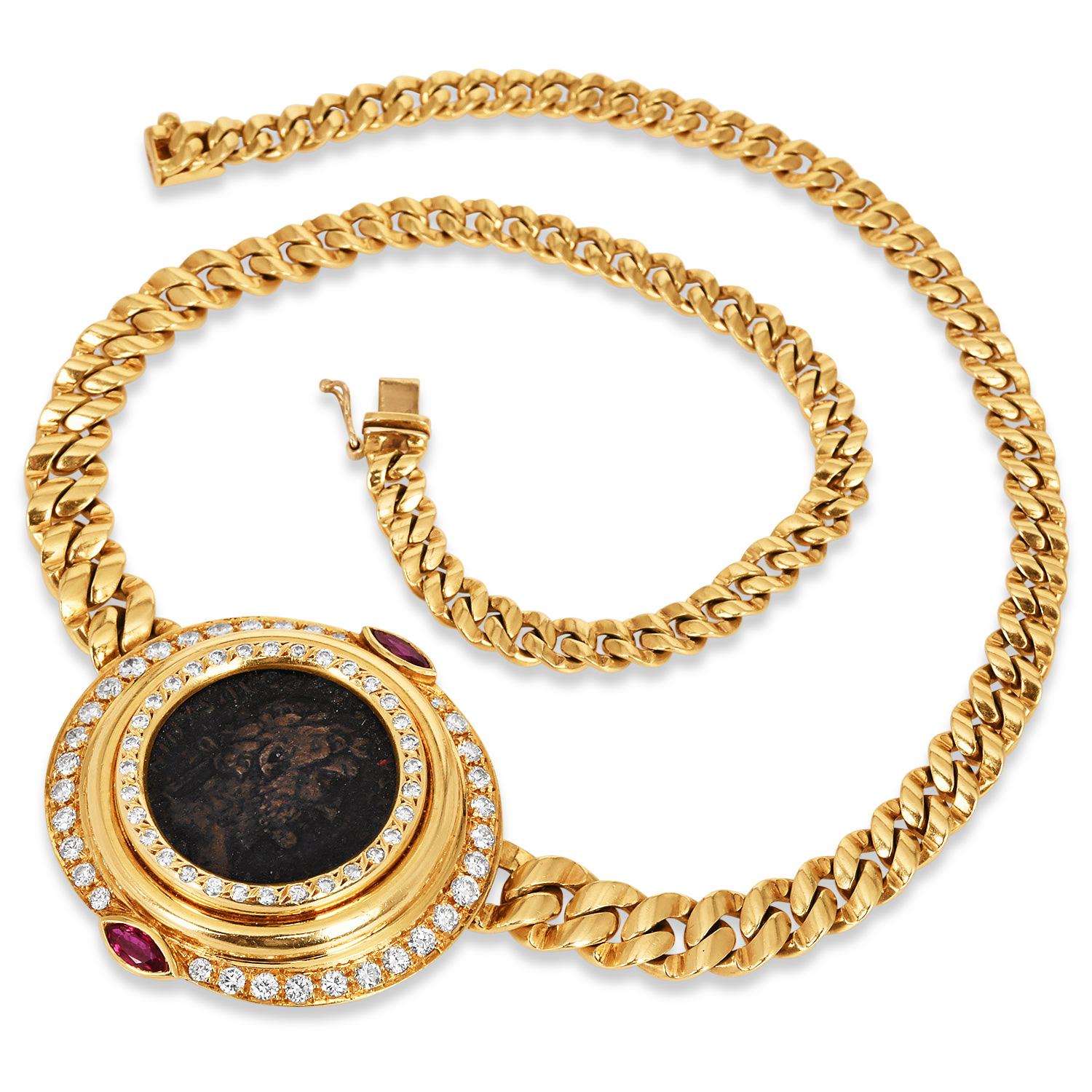 Taglio rotondo 1980's Monete 18k Gold Coin Diamond Ruby Chain Necklace in vendita