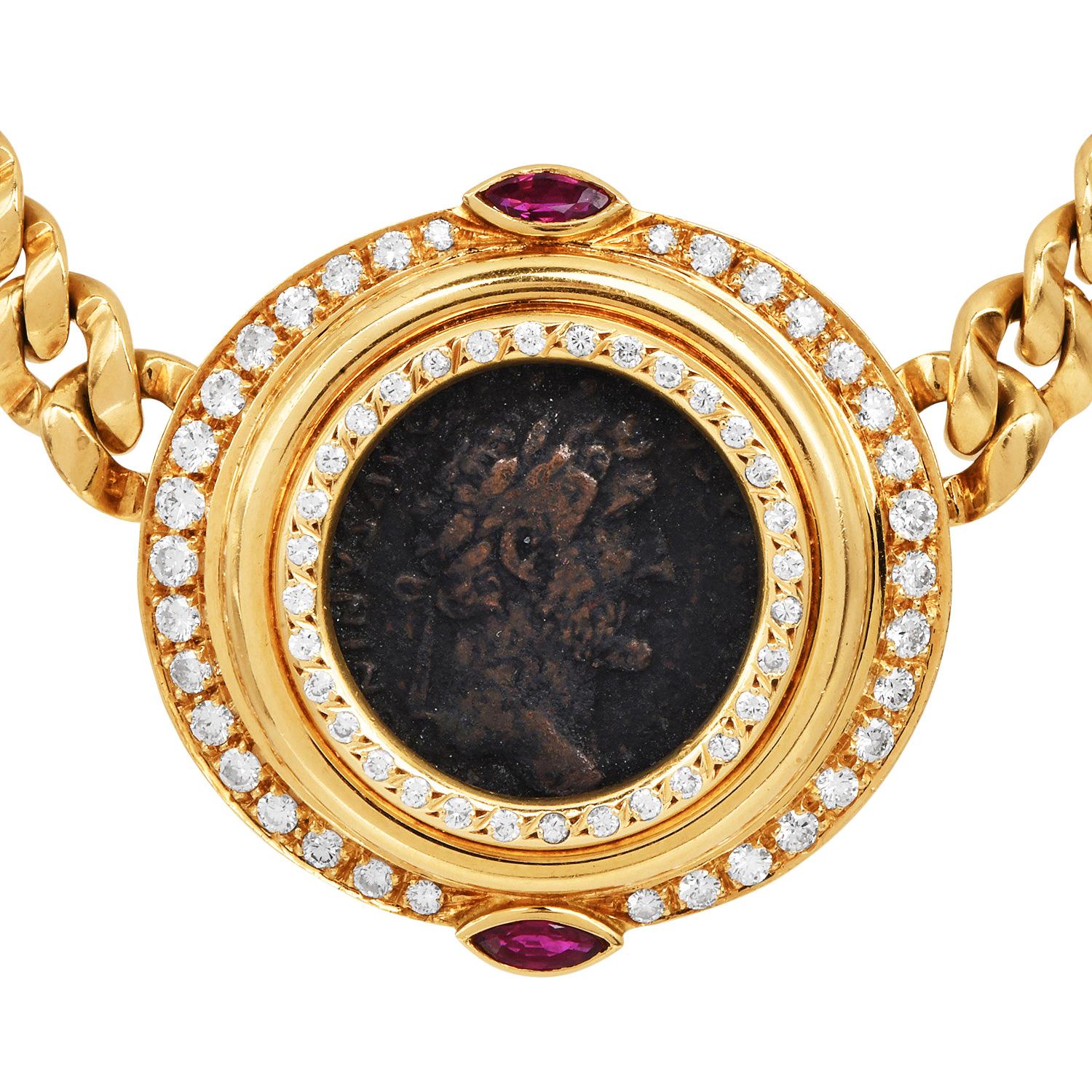 1980's Monete 18k Gold Coin Diamond Ruby Chain Necklace In condizioni ottime in vendita a Miami, FL