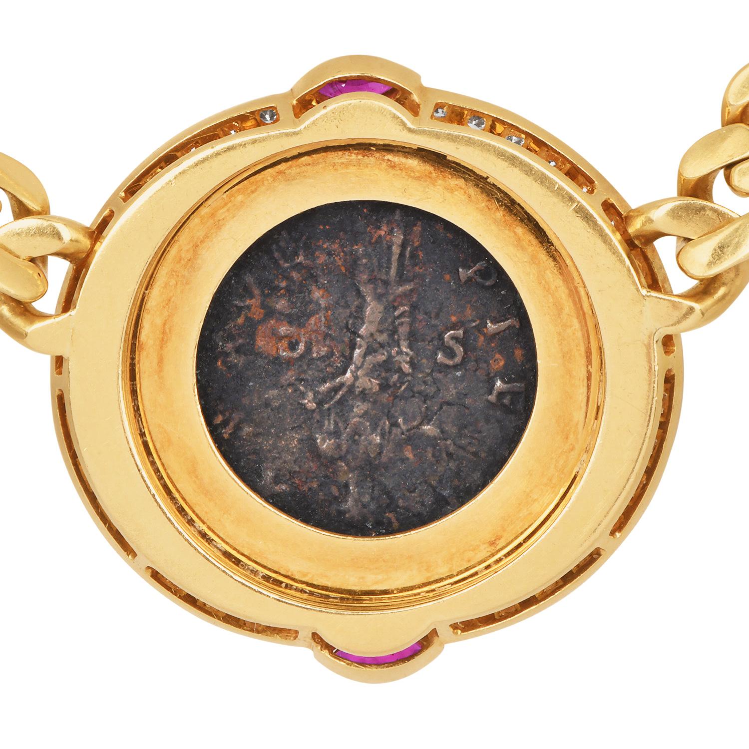 Donna 1980's Monete 18k Gold Coin Diamond Ruby Chain Necklace in vendita