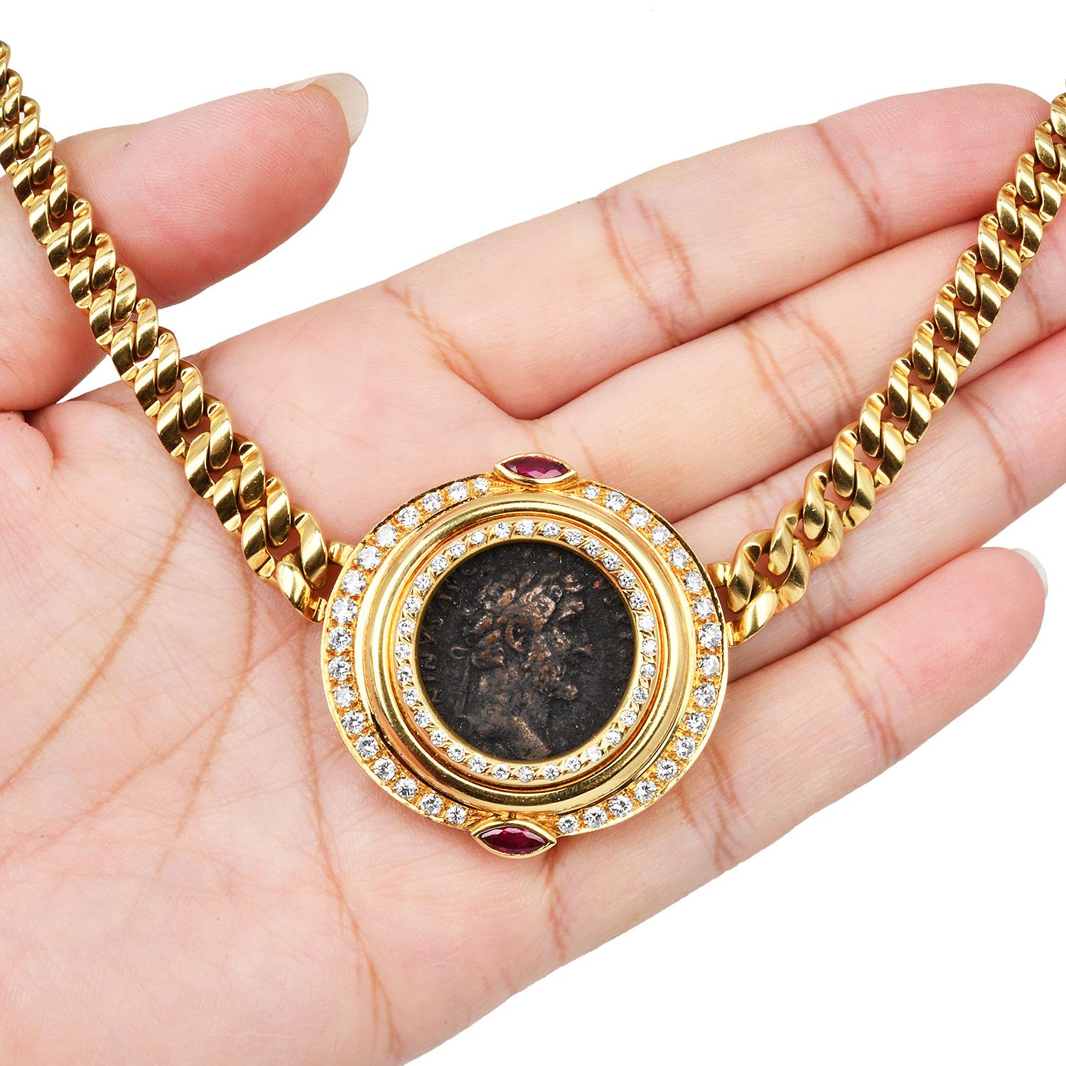 1980's Monete 18k Gold Coin Diamond Ruby Chain Necklace in vendita 1