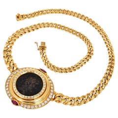 1980's Monete 18k Gold Coin Diamond Ruby Chain Necklace