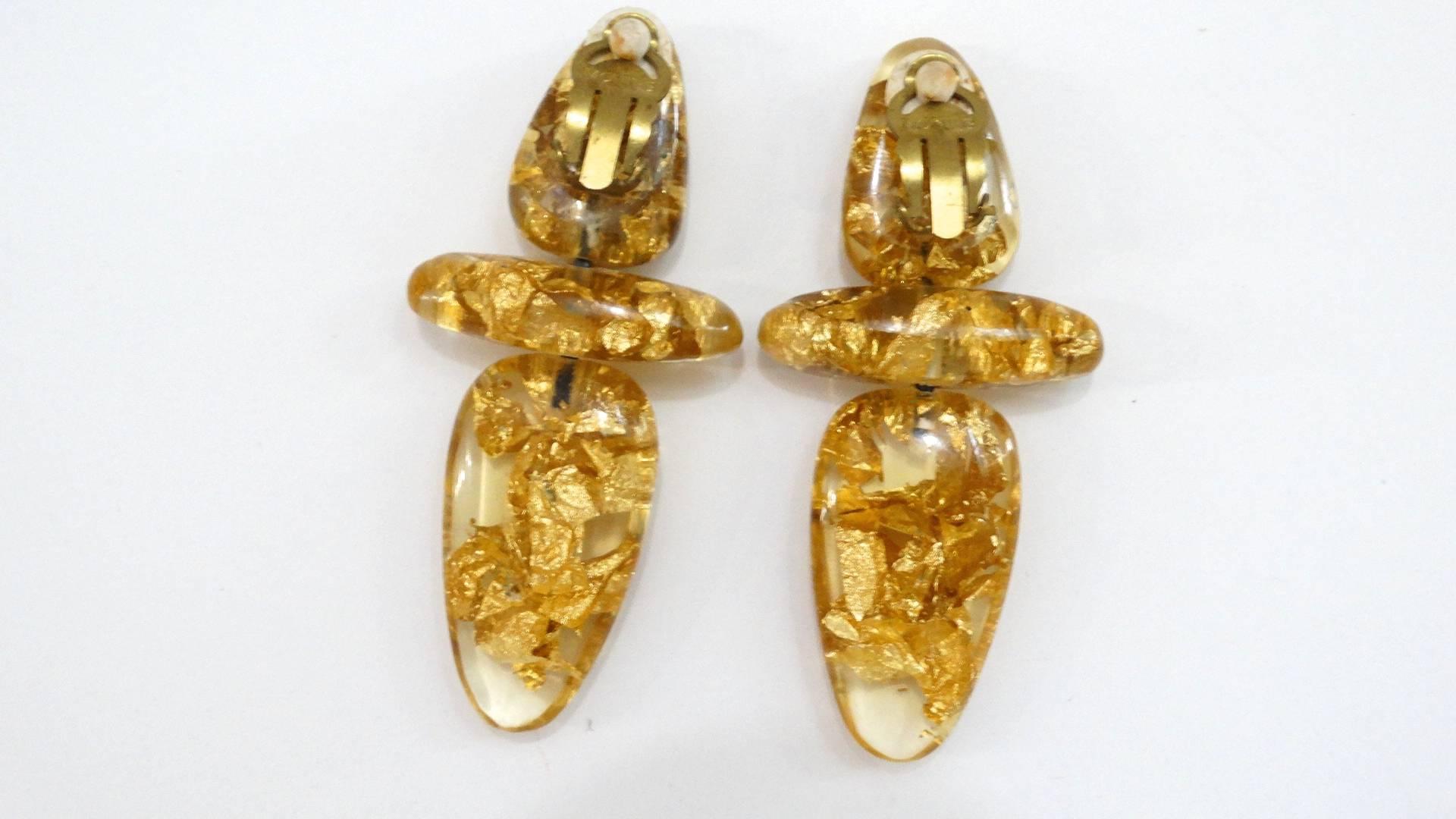 1980s Monies Gold Leaf Flake Lucite Earrings  In Excellent Condition In Scottsdale, AZ
