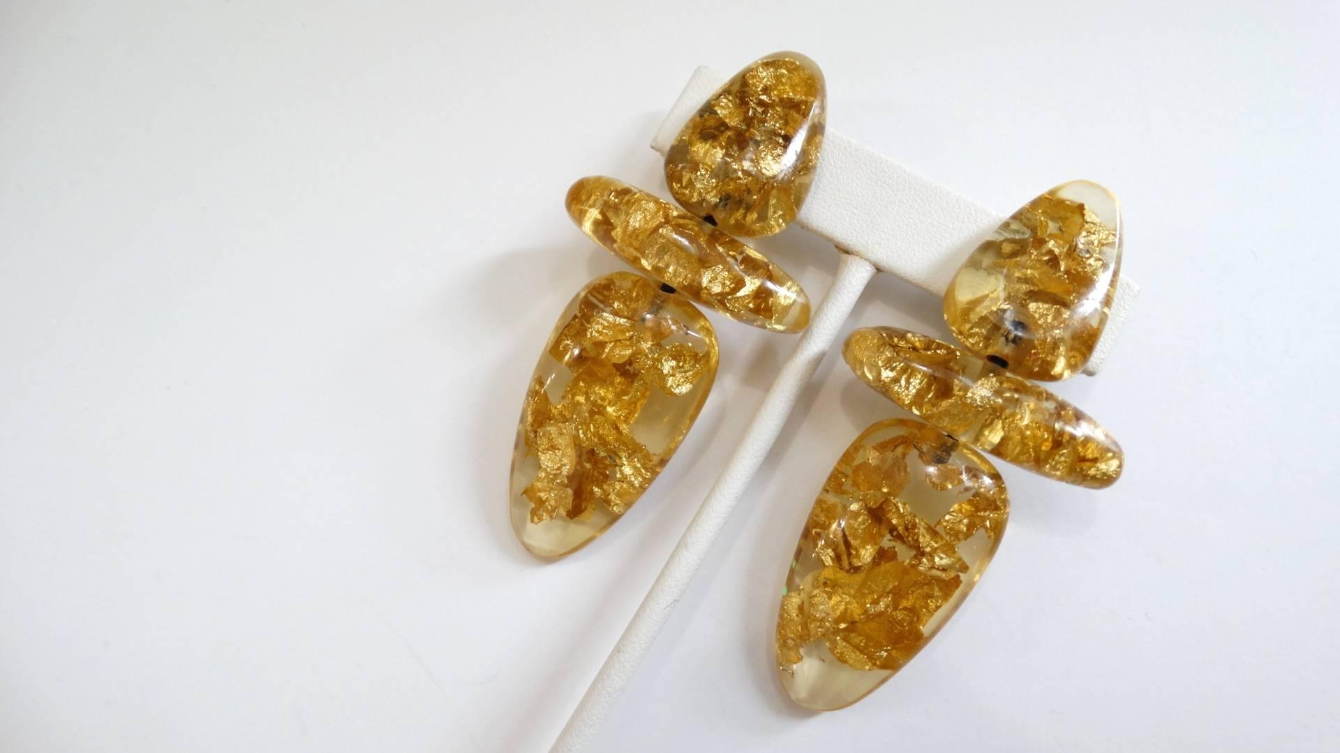 1980s Monies Gold Leaf Flake Lucite Earrings  1
