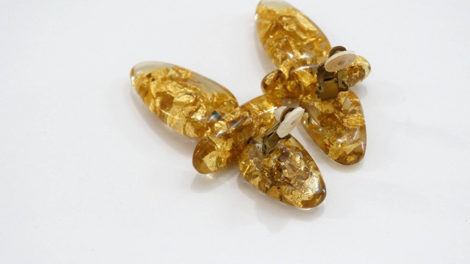 1980s Monies Gold Leaf Flake Lucite Earrings  4