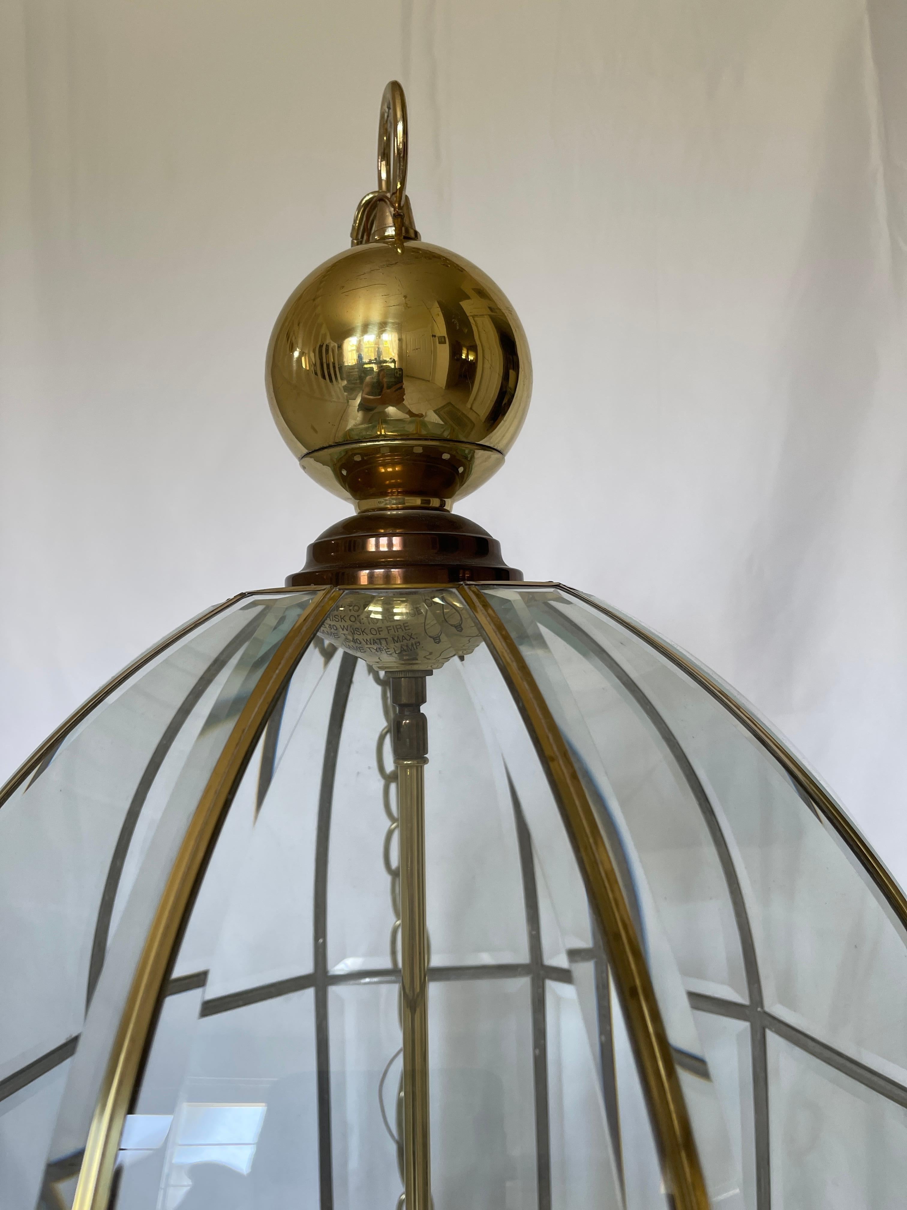 Mid-Century Modern 1980's Monumental Brass Bound Beveled Glass Panel Lantern Chandelier