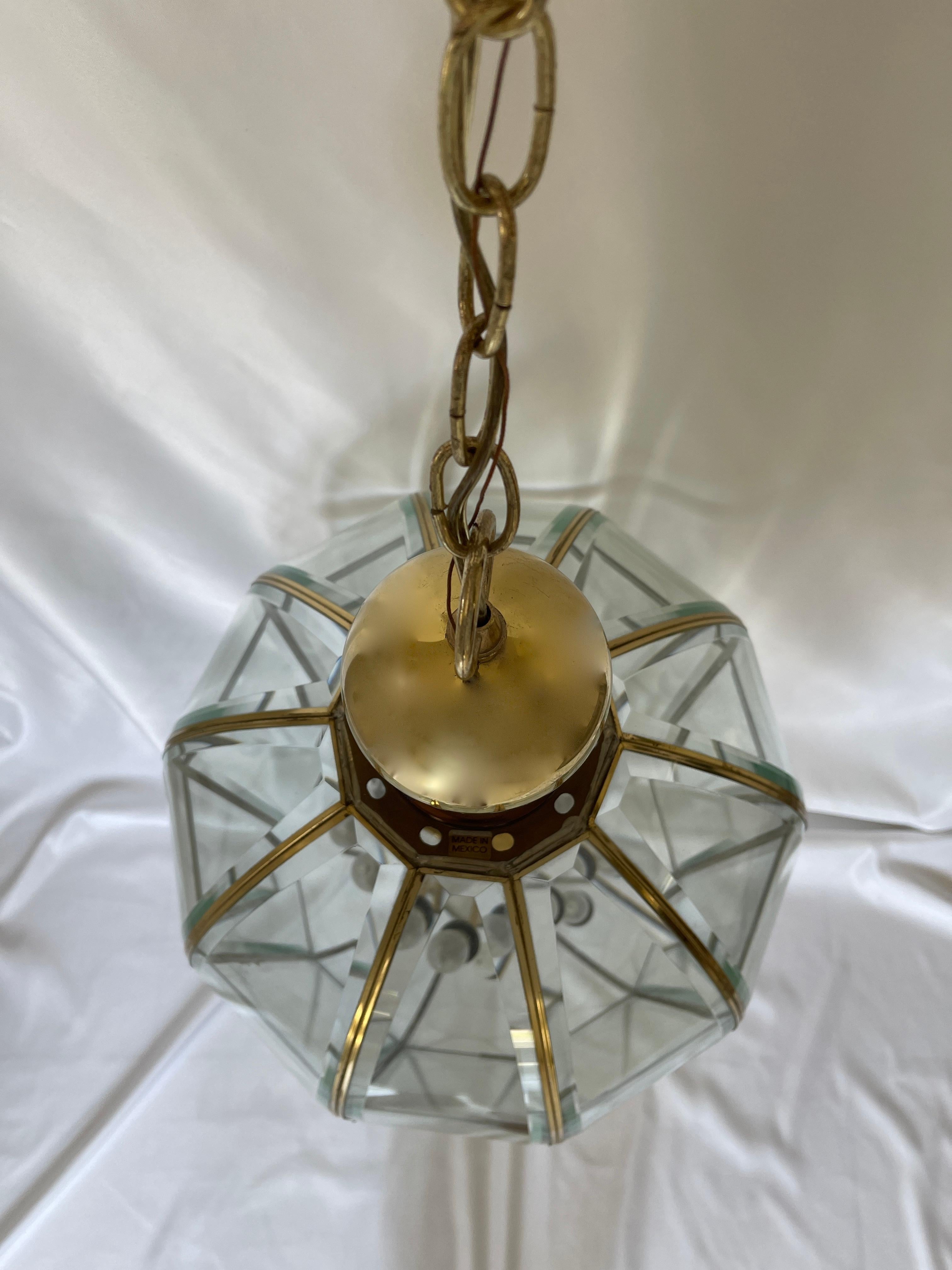 Mexican 1980's Monumental Brass Bound Beveled Glass Panel Lantern Chandelier
