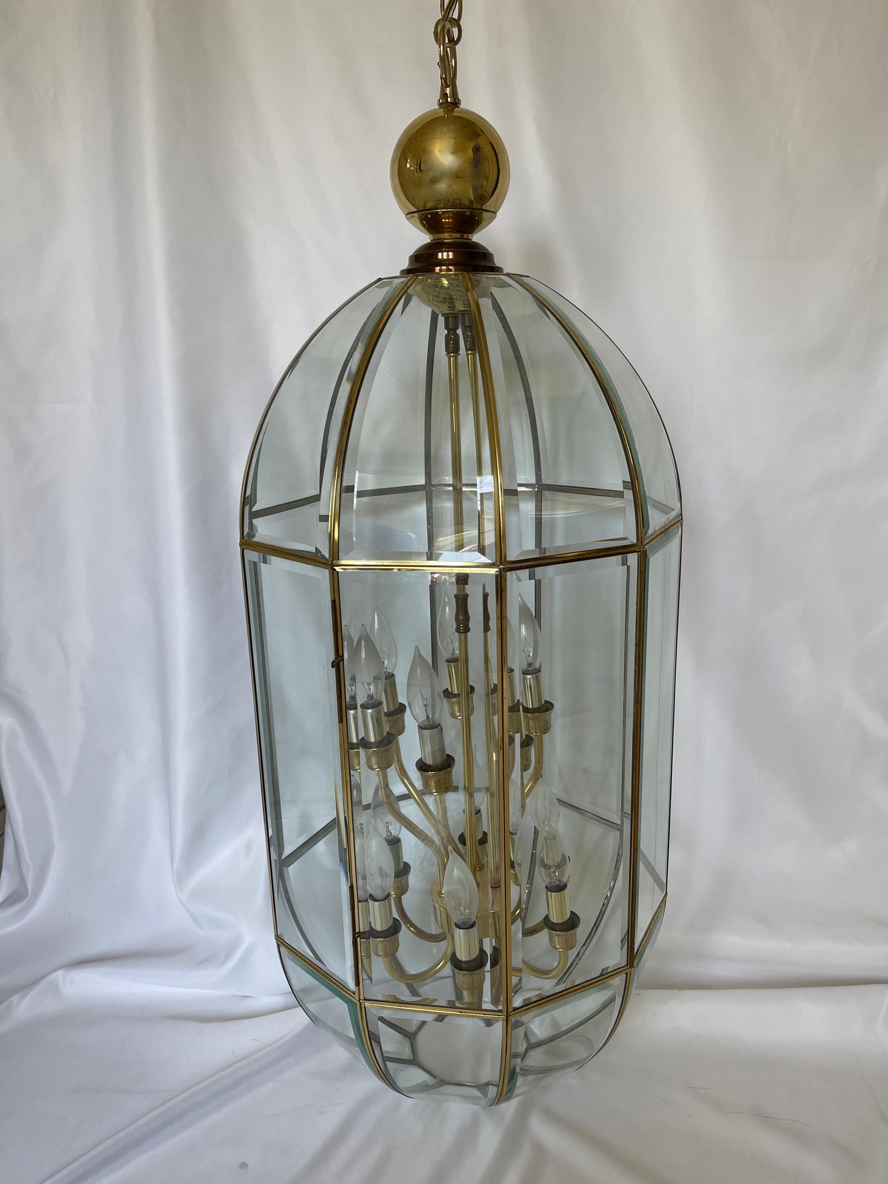 1980's Monumental Brass Bound Beveled Glass Panel Lantern Chandelier In Good Condition In New York, NY