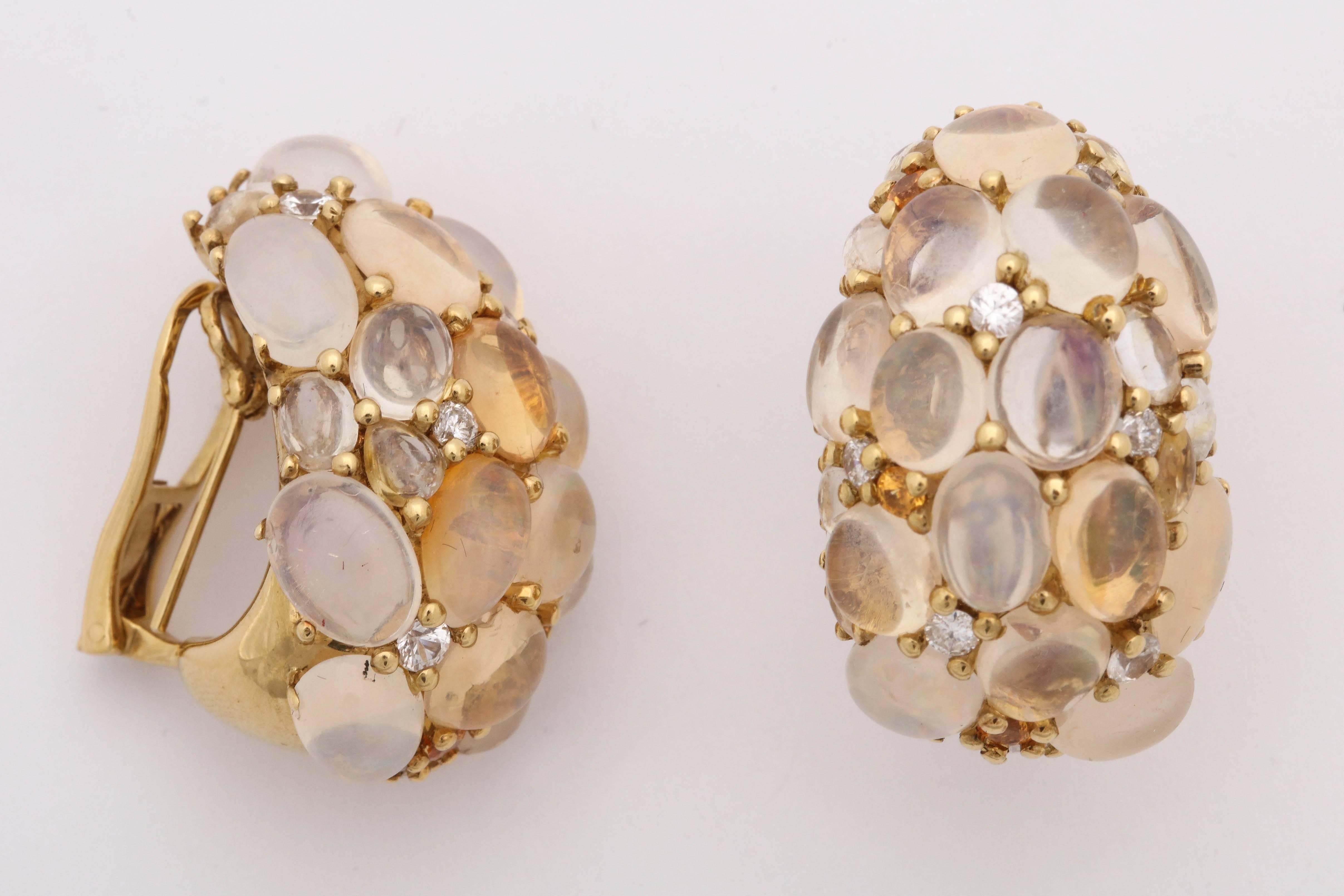 Round Cut 1980s Moonstone, Opal and Citrine with Diamonds Bombe Gold Earclips with Posts