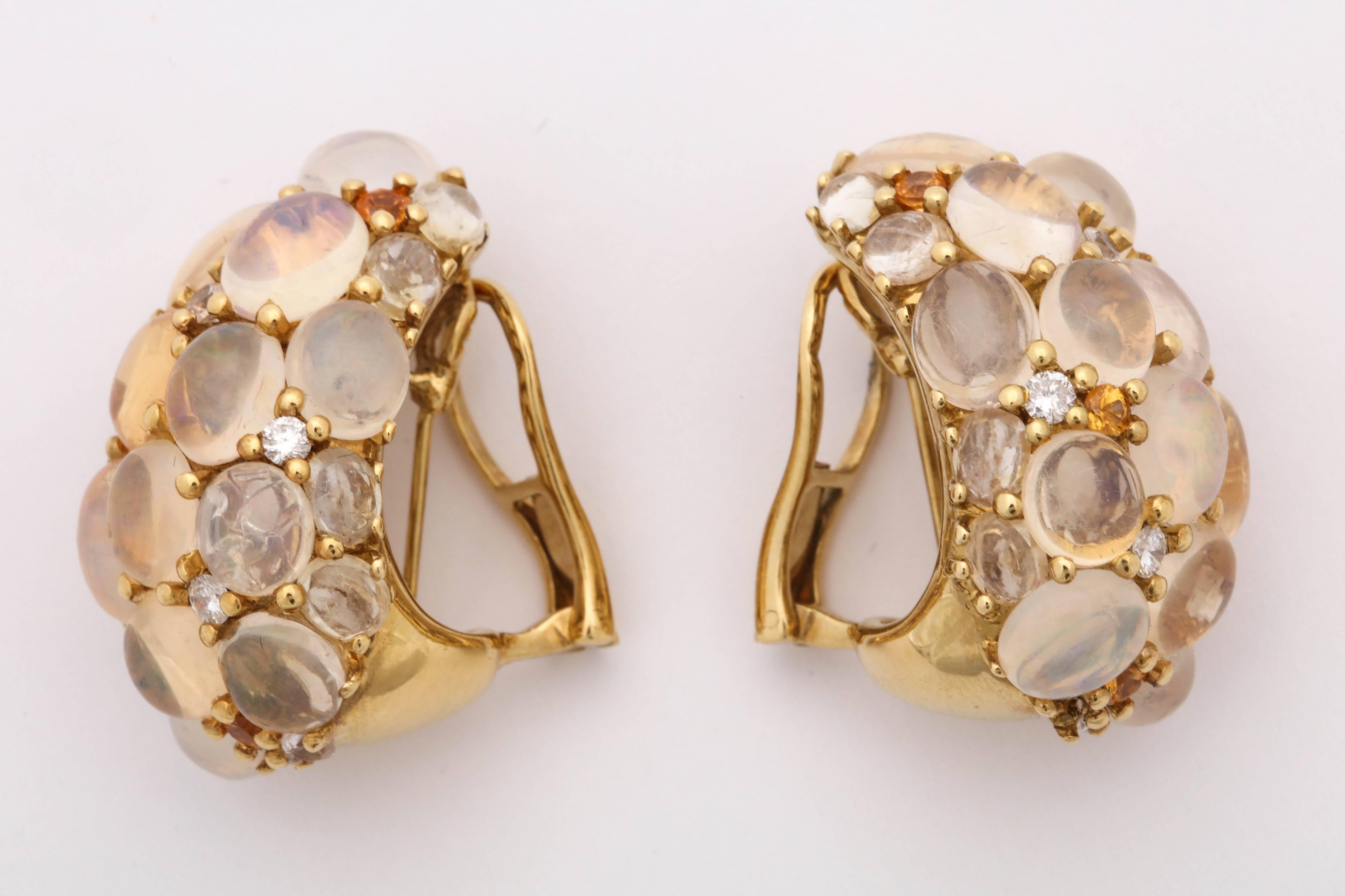 Women's 1980s Moonstone, Opal and Citrine with Diamonds Bombe Gold Earclips with Posts