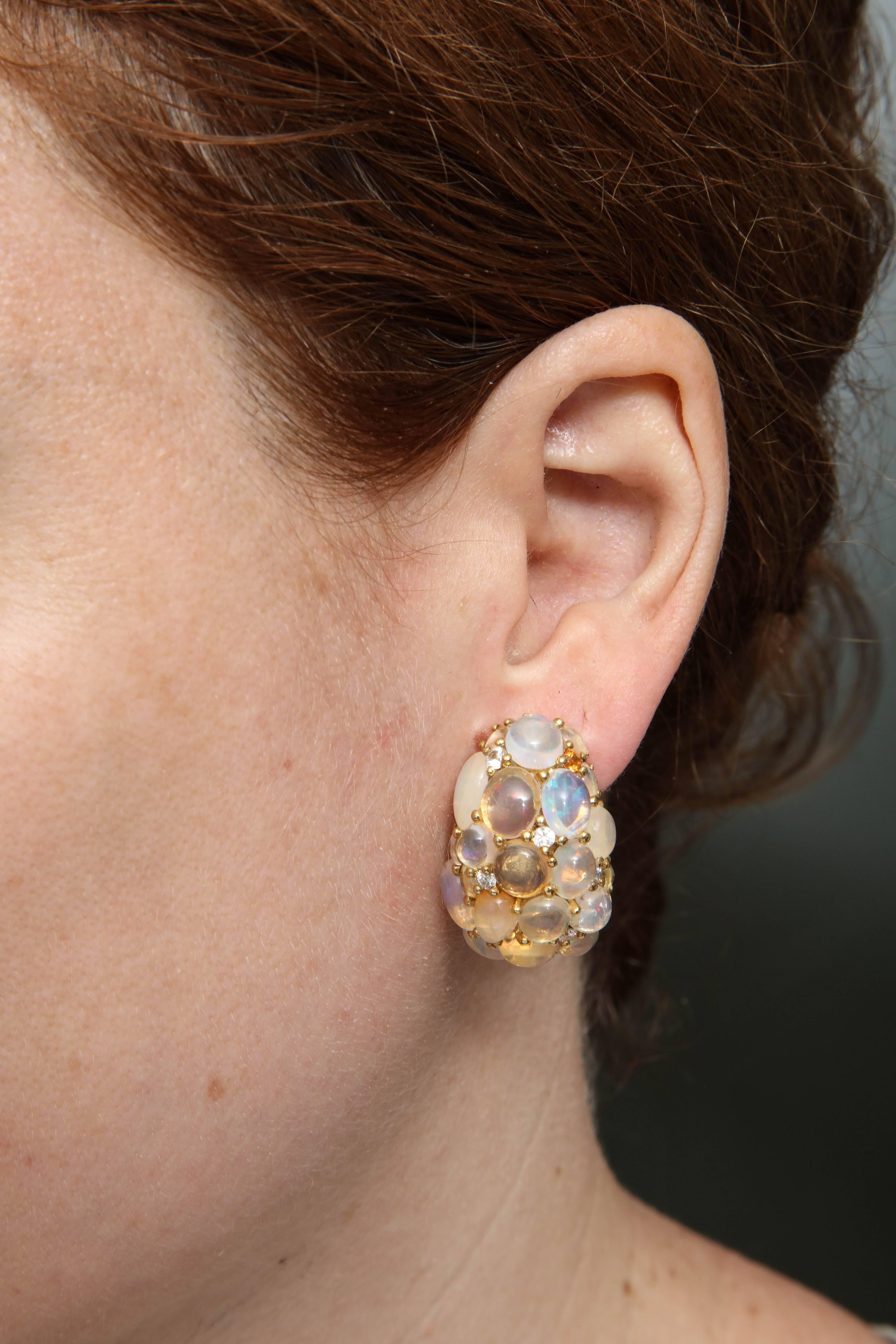 1980s Moonstone, Opal and Citrine with Diamonds Bombe Gold Earclips with Posts 4