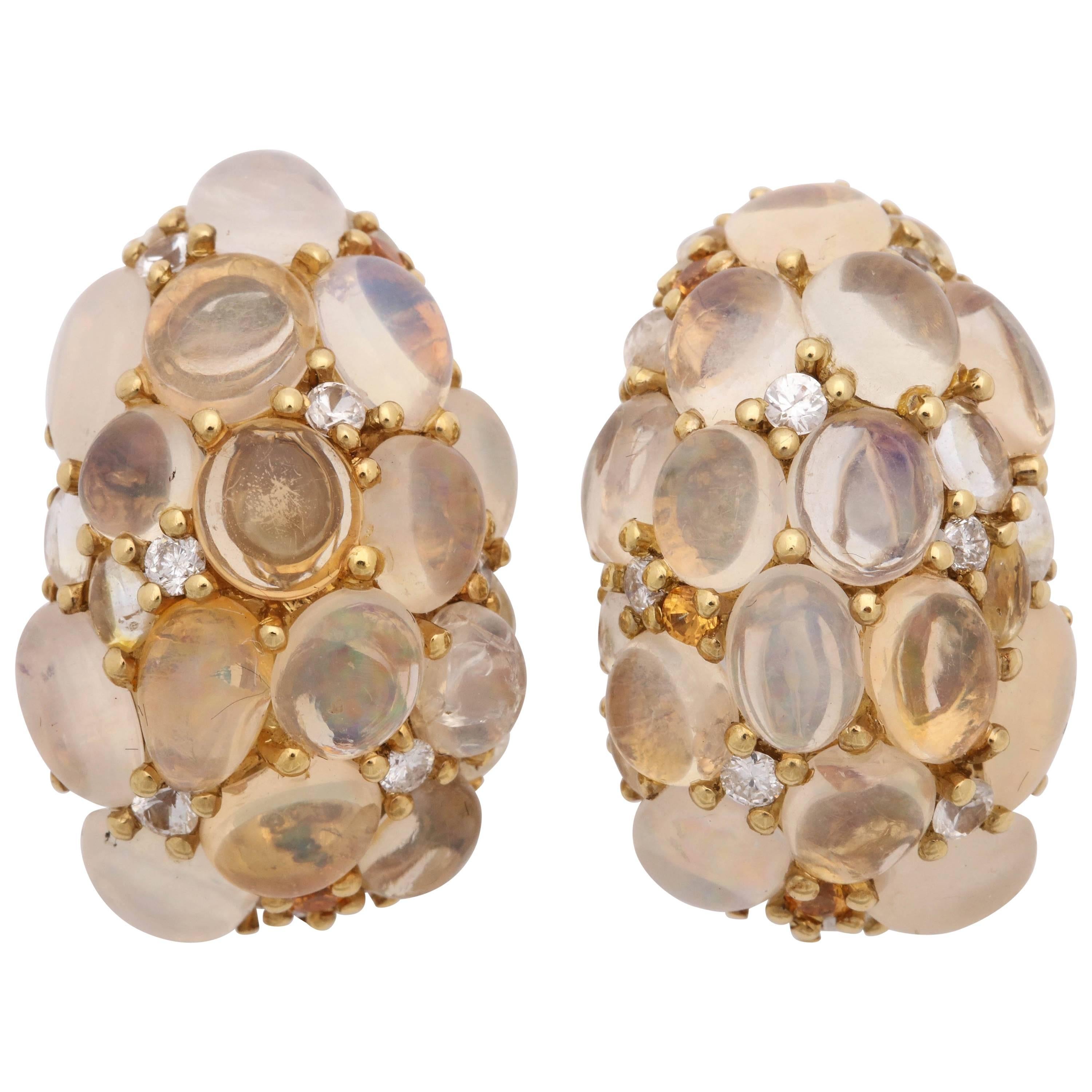 1980s Moonstone, Opal and Citrine with Diamonds Bombe Gold Earclips with Posts