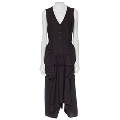 Vintage 1980S MORGANE LE FAY Black Wool Tuxedo Vest Ruffle Front Asymmetrical Dress