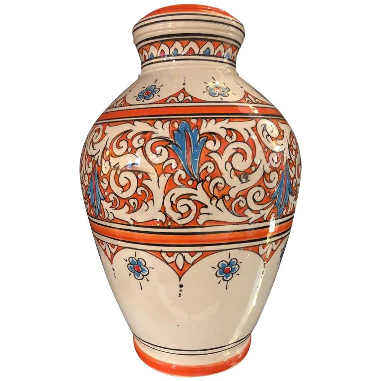 1980s Moroccan Hand Painted Orange, White and Blue Vase For Sale