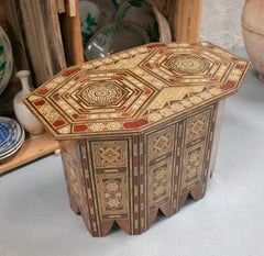 1980s Moroccan Inlay Wooden Table with Ornamental Geometric Decorations
