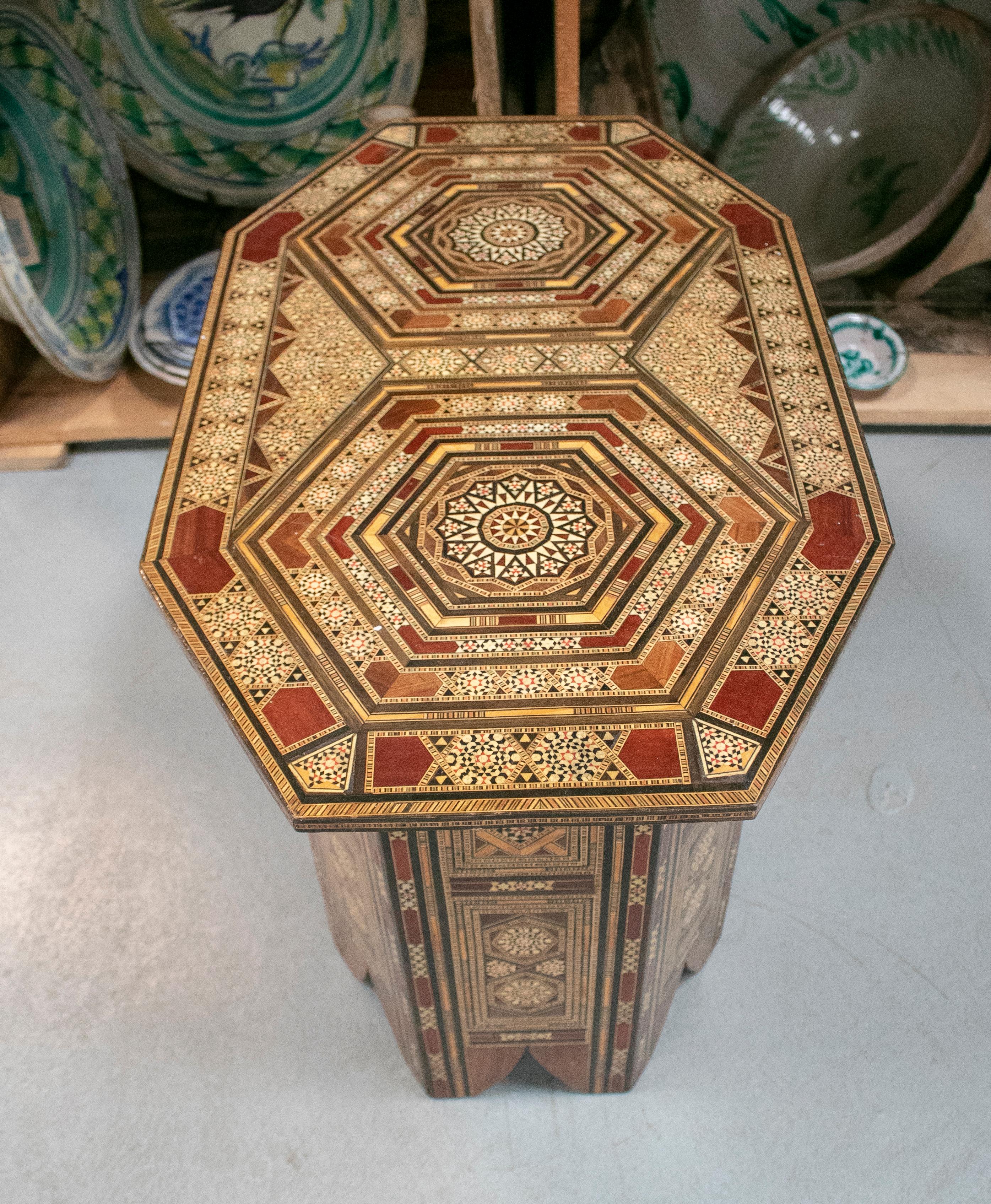 20th Century 1980s Moroccan Inlay Wooden Table with Ornamental Geometric Decorations