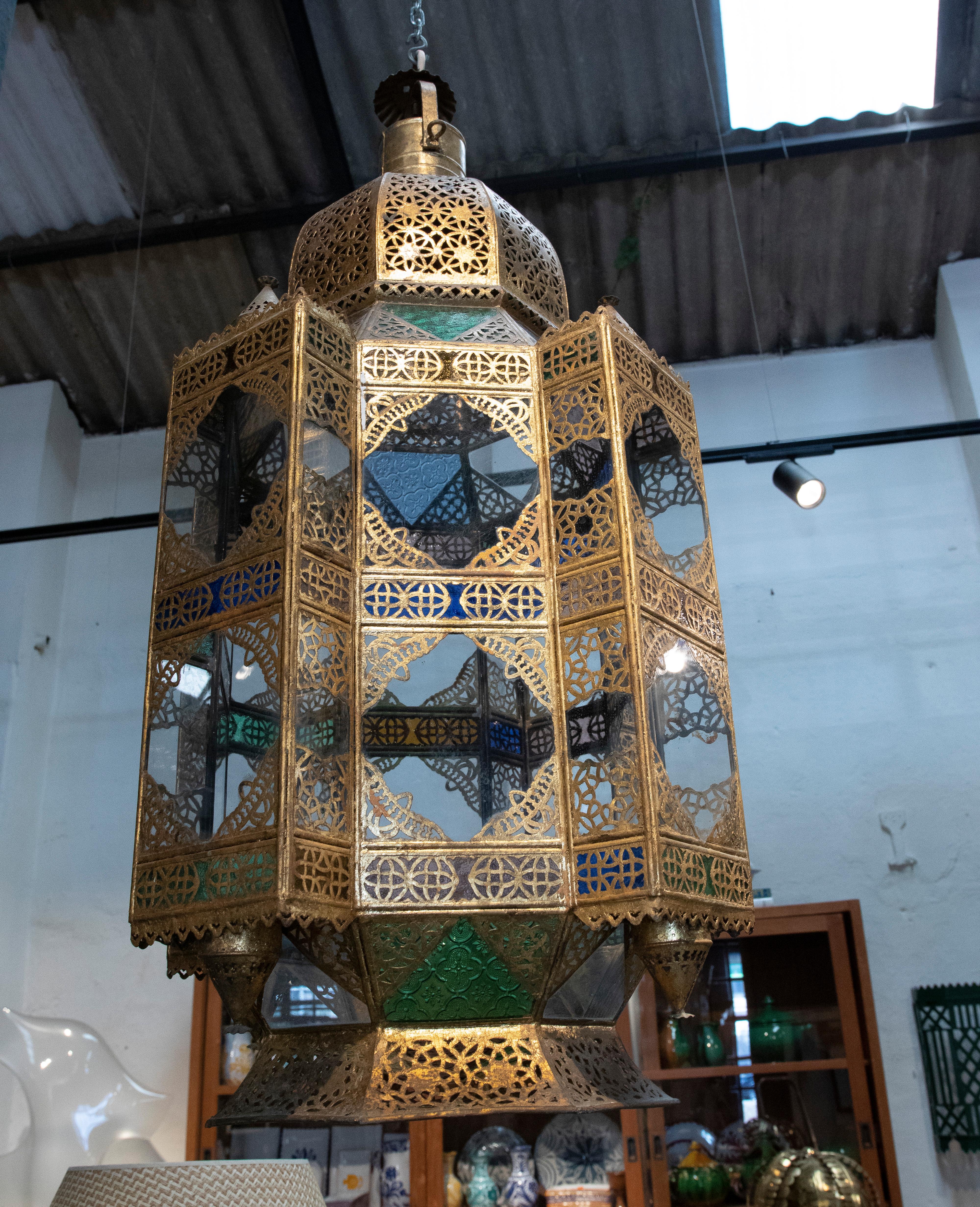 1980s Moroccan Iron Hanging Lantern Lamp w/ Coloured Glass 10